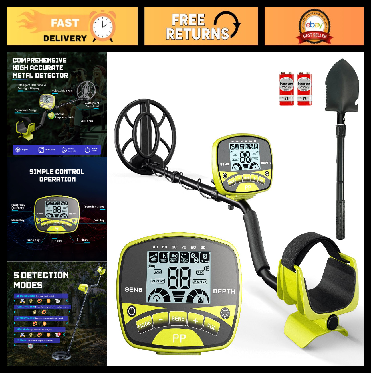 Professional Metal Detector for Adults & Kids – Cordless Gold Finder, 5 Modes, W