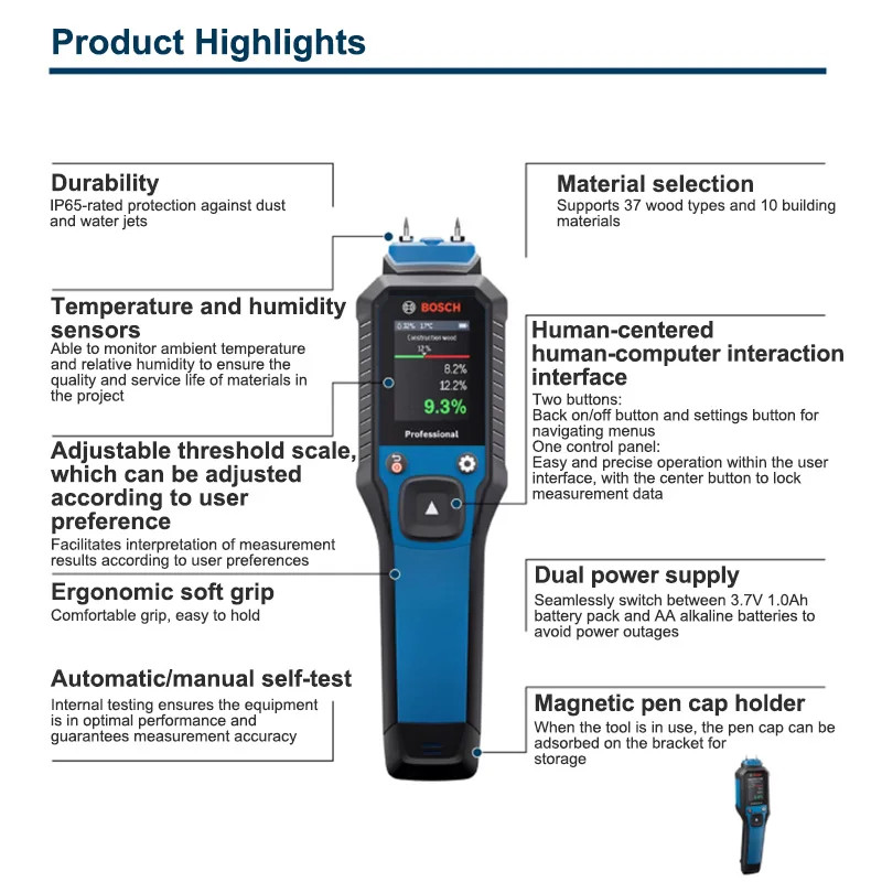Bosch GMP2-15 Wood Moisture Meter Hygrometer LCD Brick Timber Damp Detector IP65