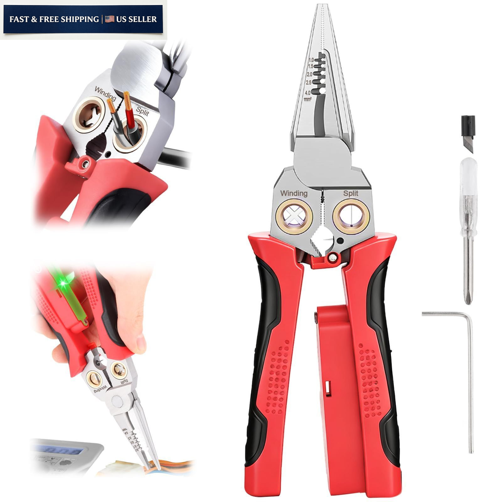 JEJIEFI Pro 8-in-1 Wire Stripping Pliers with Voltage Tester for Red