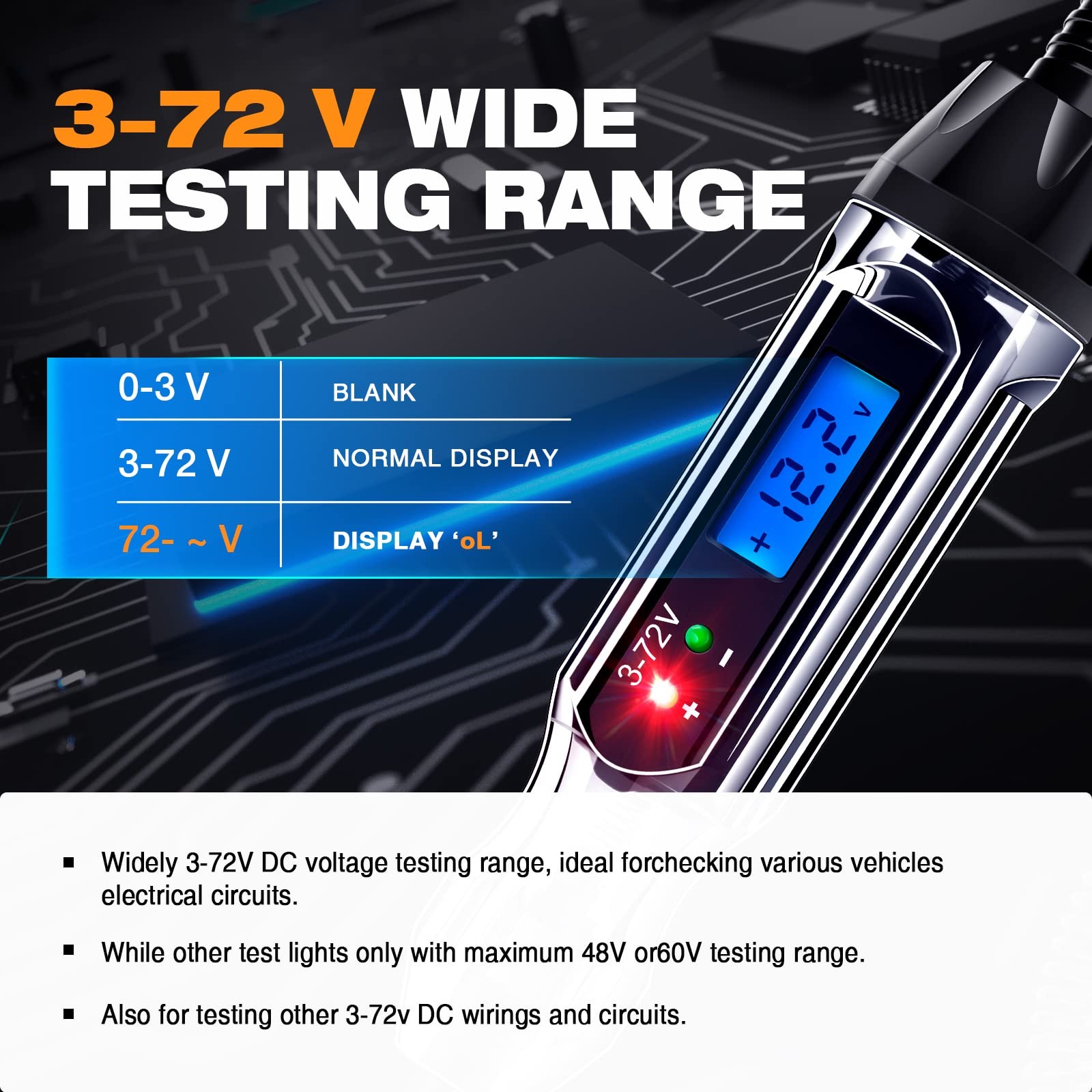 Heavy Duty 3-72V Backlit Digital LCD Circuit Tester Automotive Test Light wit…