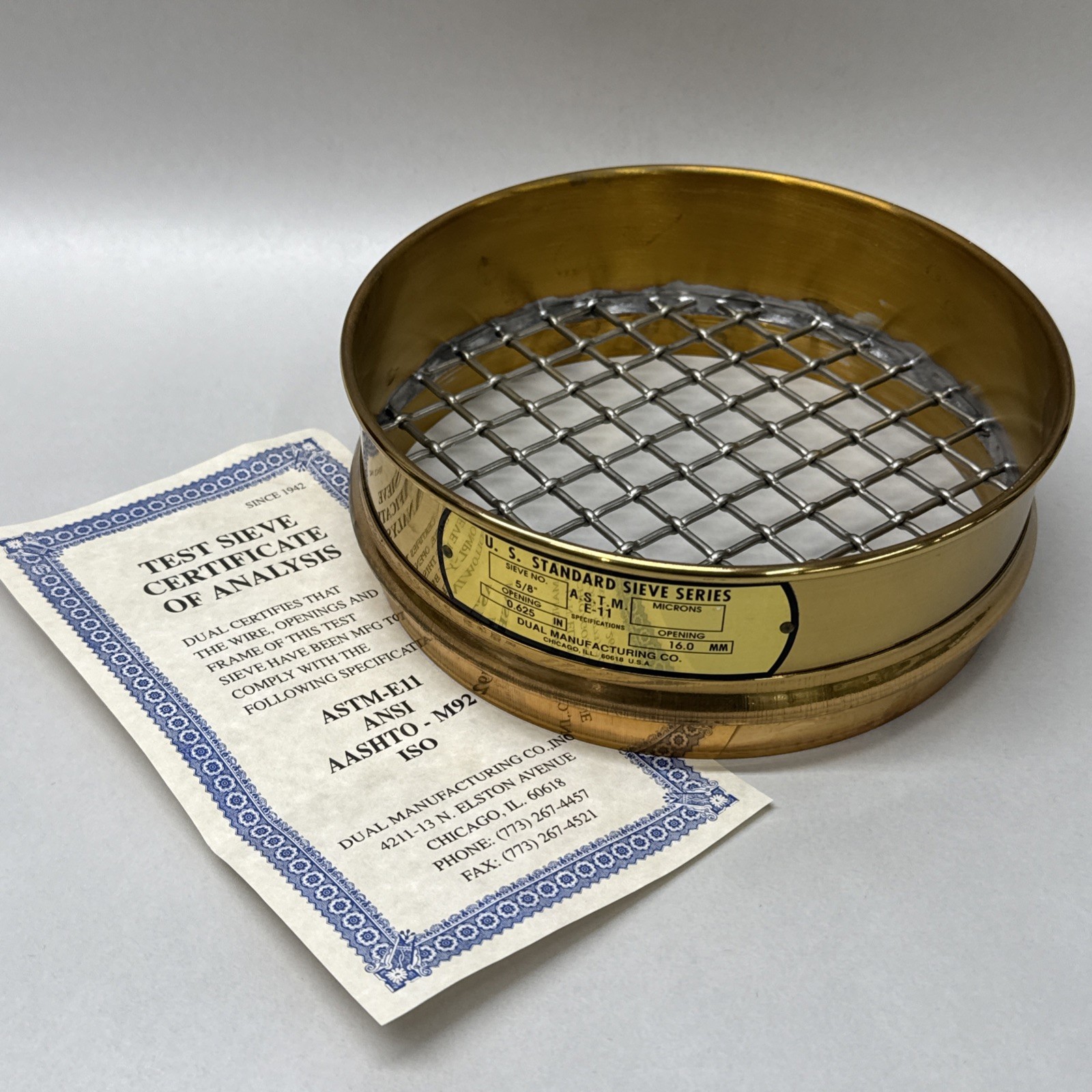 NEW Dual 8” Brass .625″ USA Standard Testing Sieve 16.0mm / 15875µm 5/8in ASTM