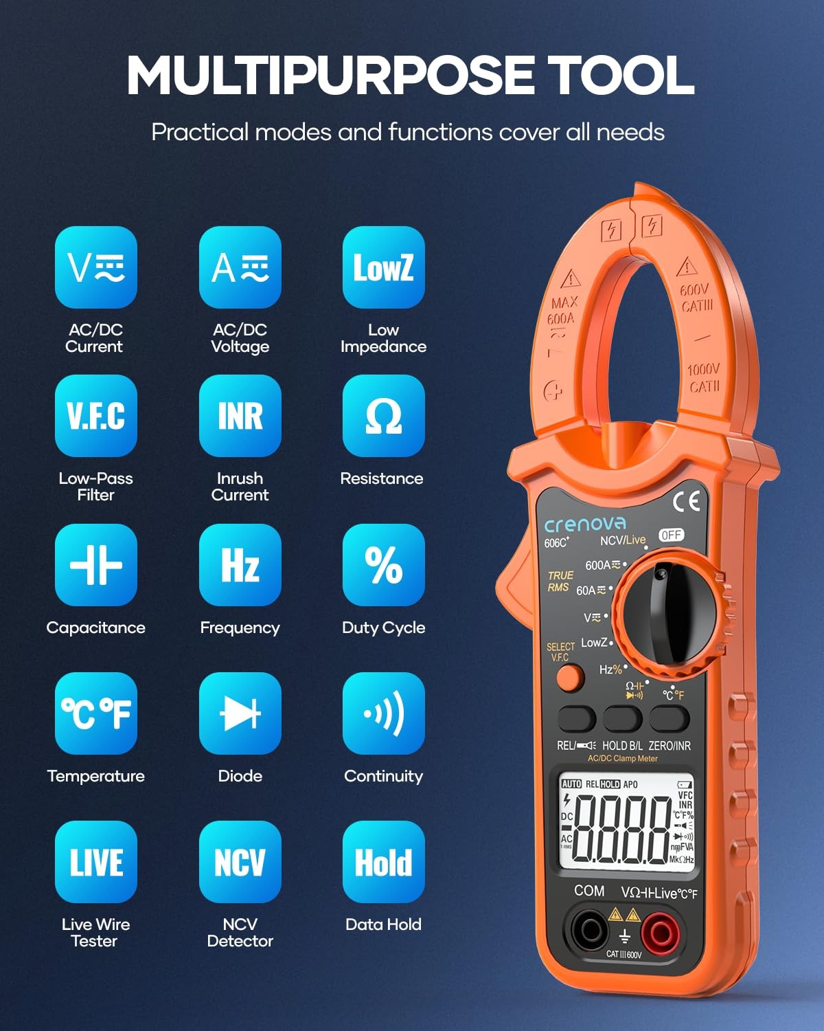 Crenova Clamp Meter Multimeter 600A AC/DC 6000Counts TRMS Electrical Orange