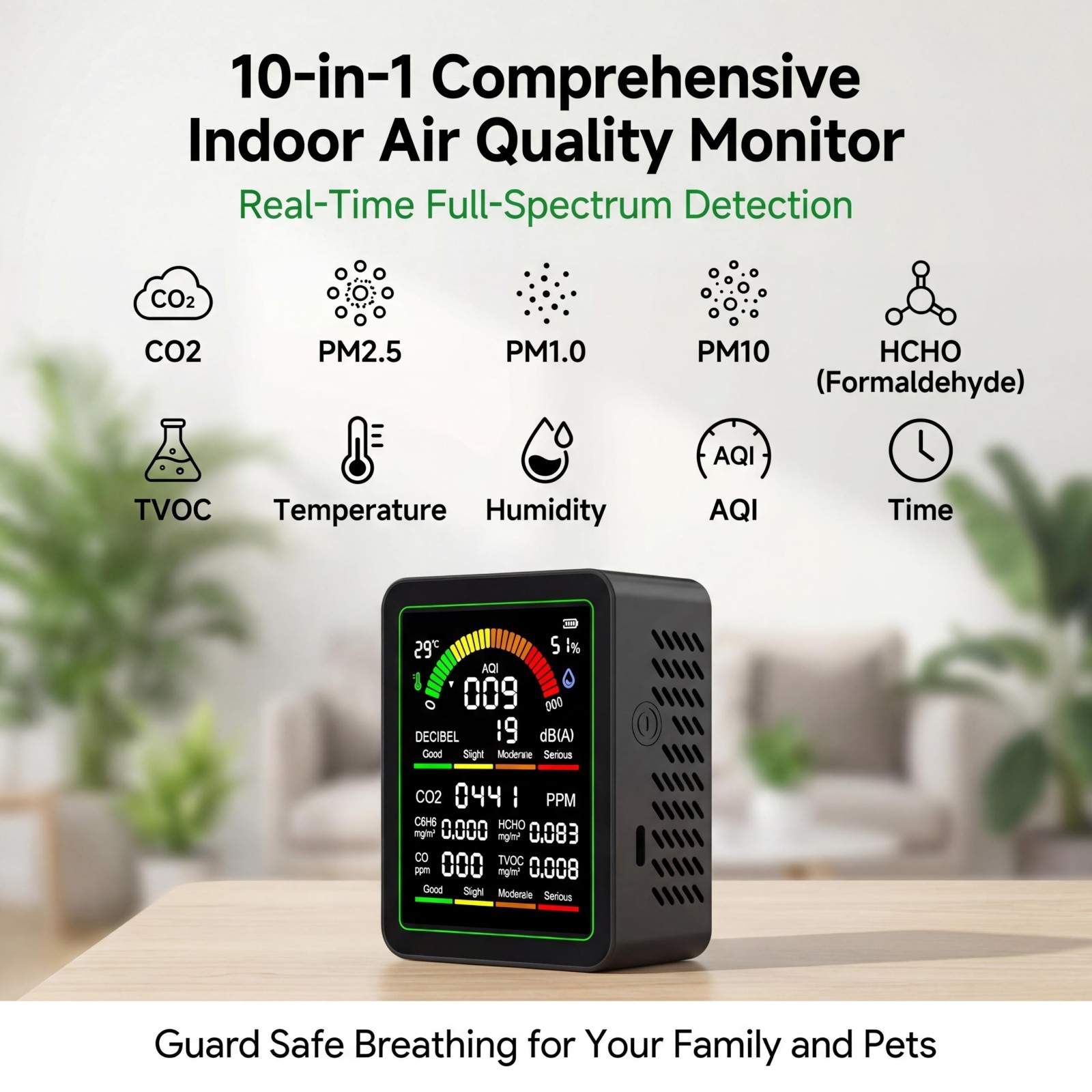 10-in-1 Indoor Air Quality Monitor – Portable Tester for CO2, HCHO, TVOC, Temp &