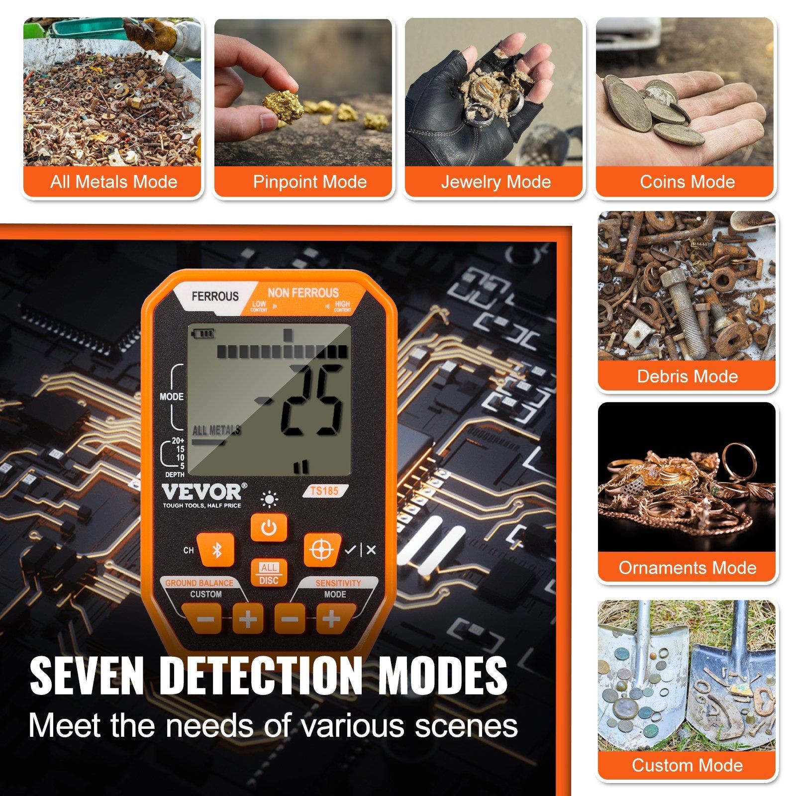 12in Waterproof Gold Detector, 39-50in Adjustable Handle, 7 Modes, LCD Backlit