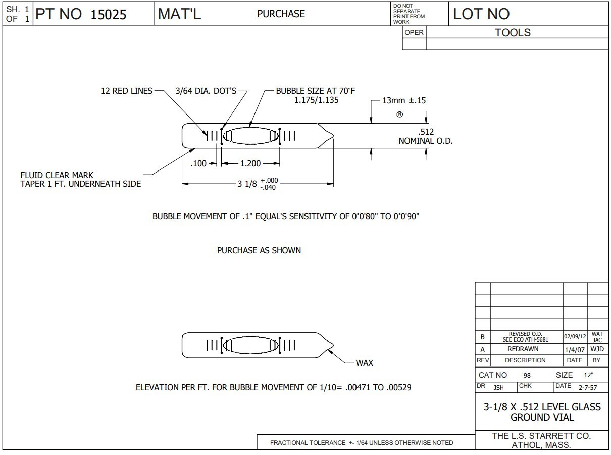Starrett PT15025 Level Vial Only for 98-8 Machinists Level, 8″ IN STOCK