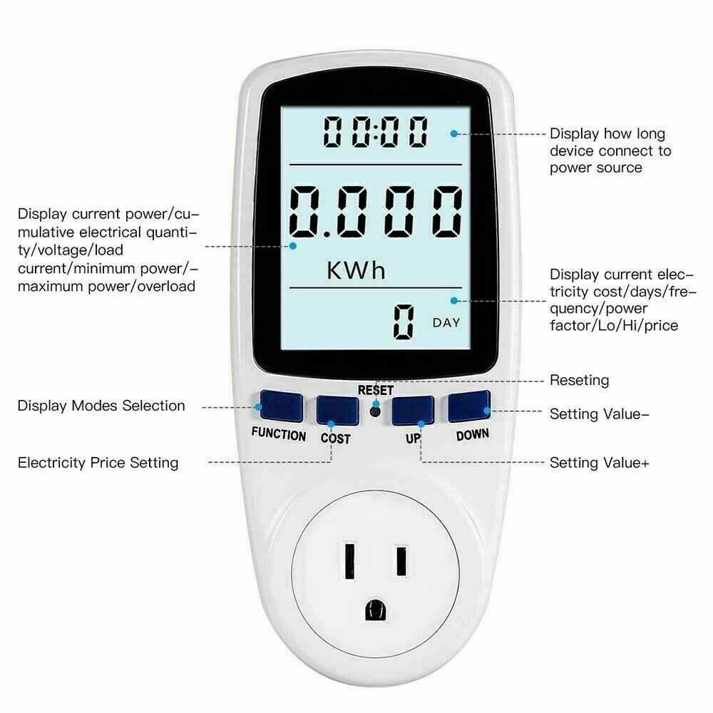 LCD Power Meter Plug Consumption Electricity Usage Energy Watt Amps Volt Monitor
