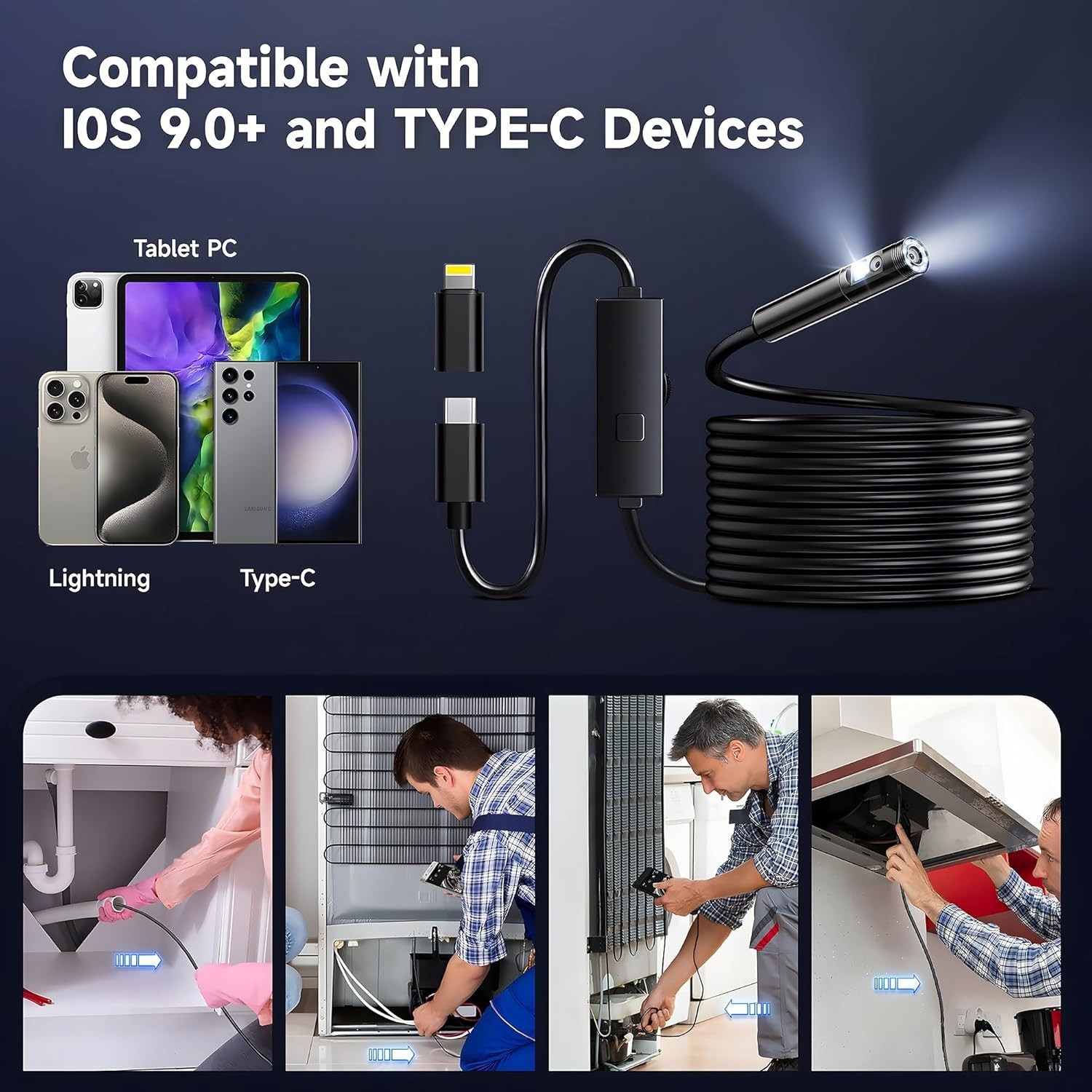 2M Dual Lens Borescope 1080P IP67 Waterproof LED Cam Auto Pipe Engine Inspection