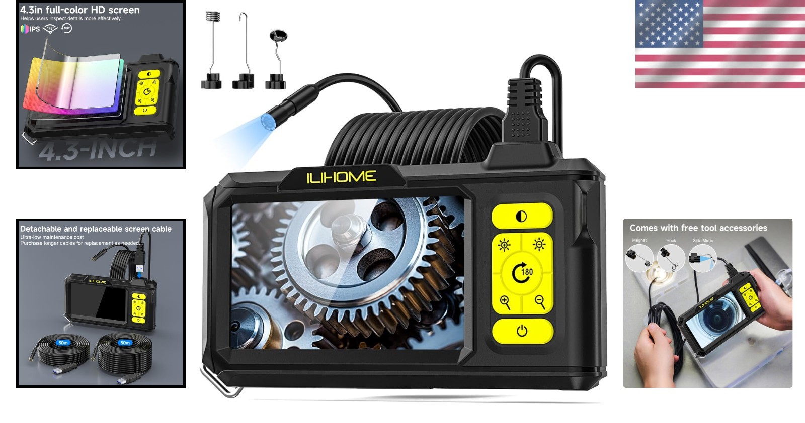 4.3-Inch HD Inspection Camera with Detachable 16.4ft Cable & 8 Adjustable LEDs
