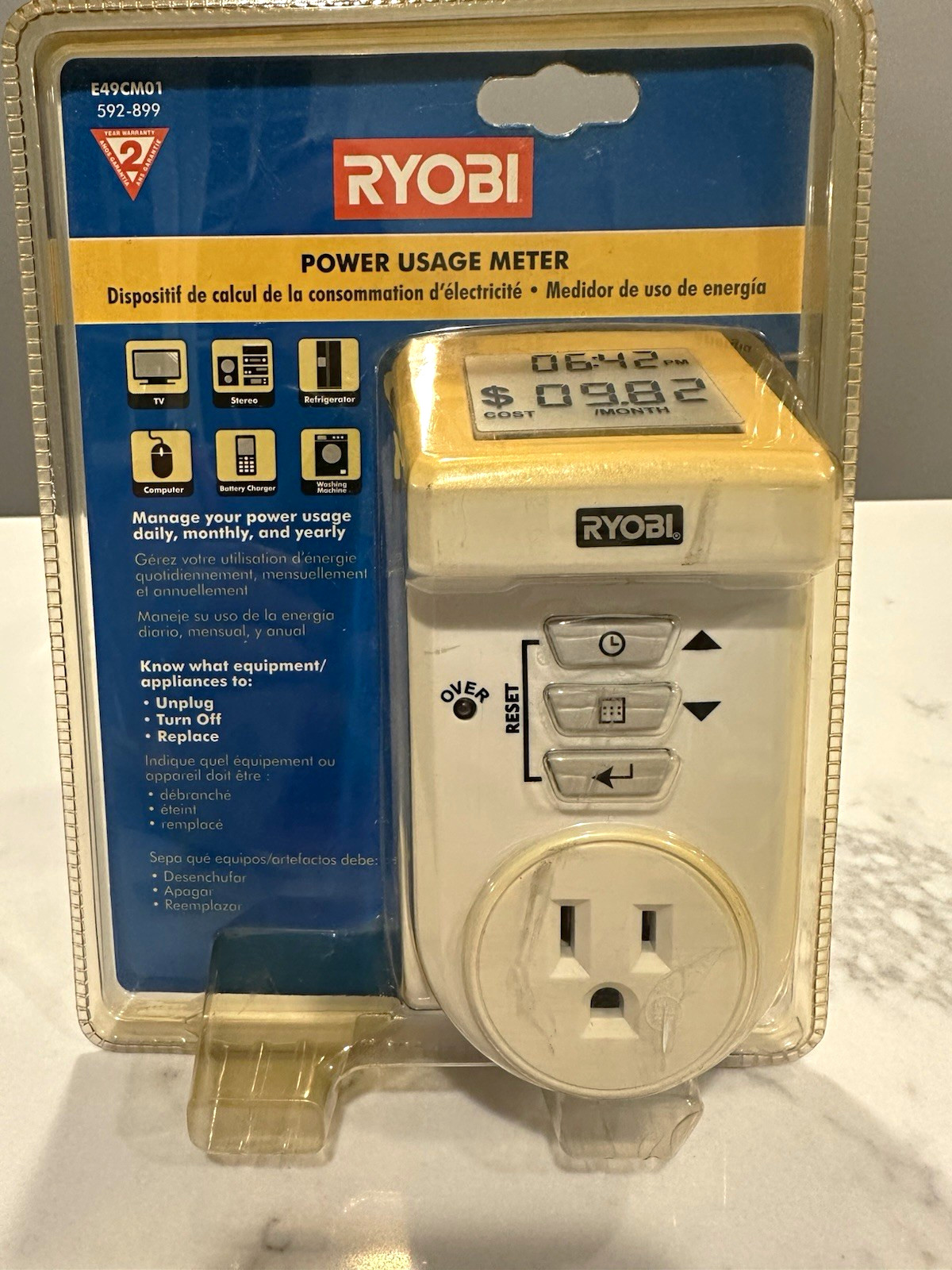 Ryobi Power Usage Meter Plug-In Electricity Energy Cost Monitor E49CM01