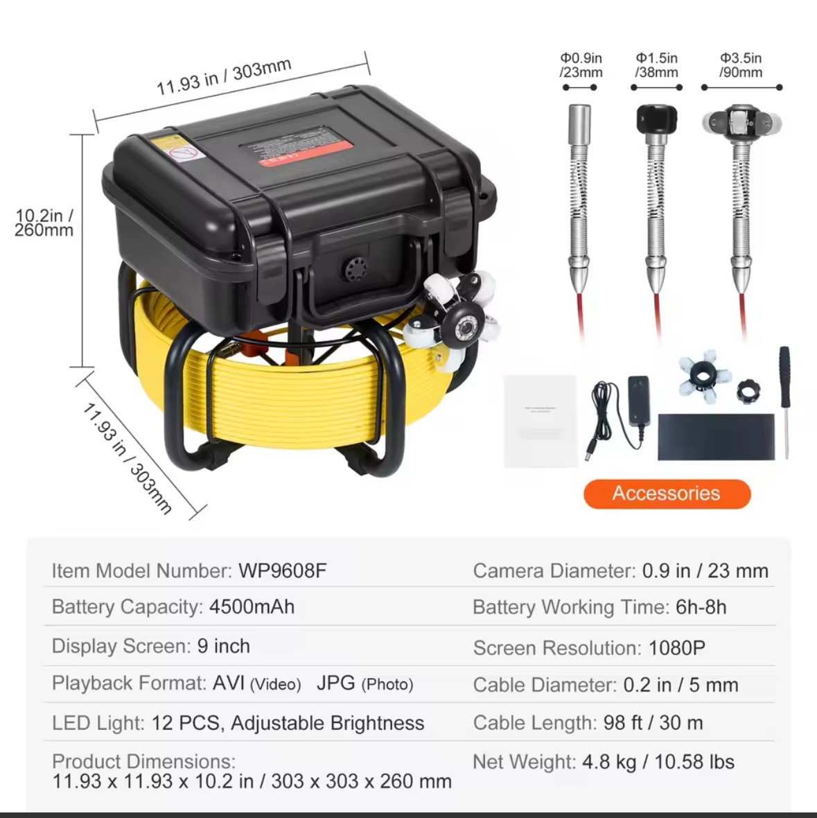 SucceBuy WP9608F Sewer Camera 98ft 0.9in 1080P 36X Zoom LED LCD