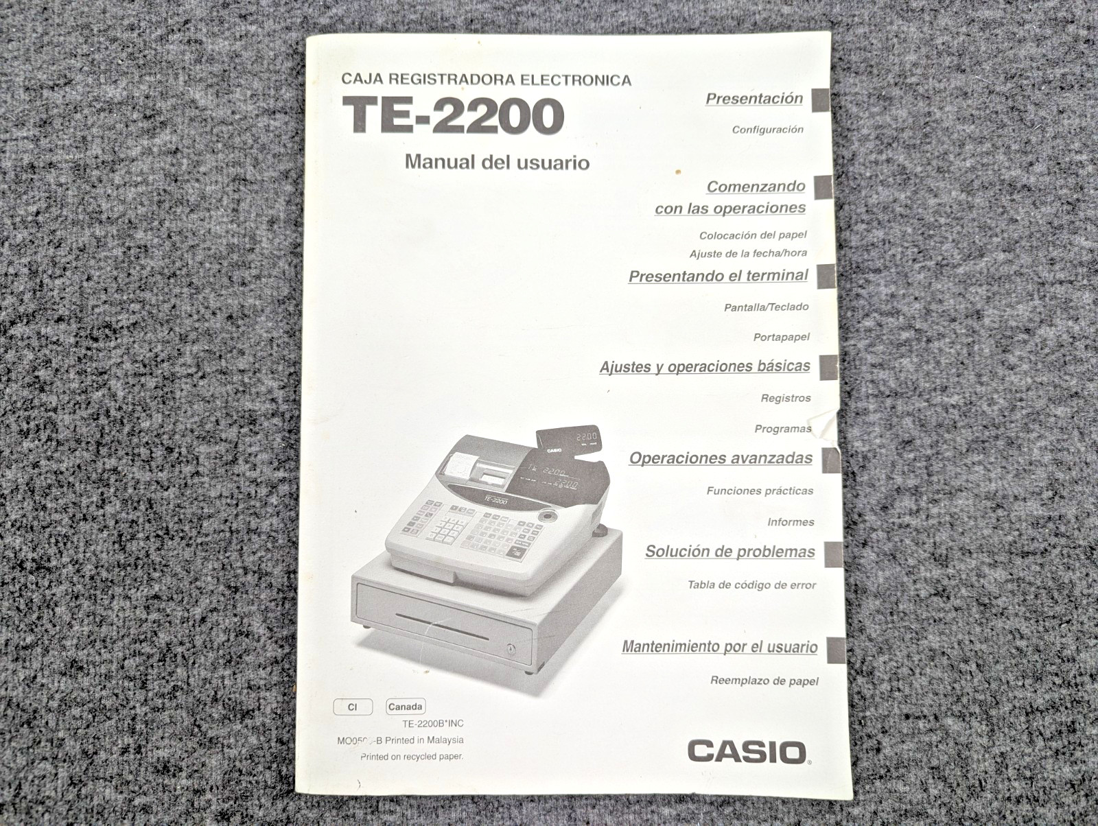 Casio TE-2200 OEM Cash Register Instruction Manual English & Spanish