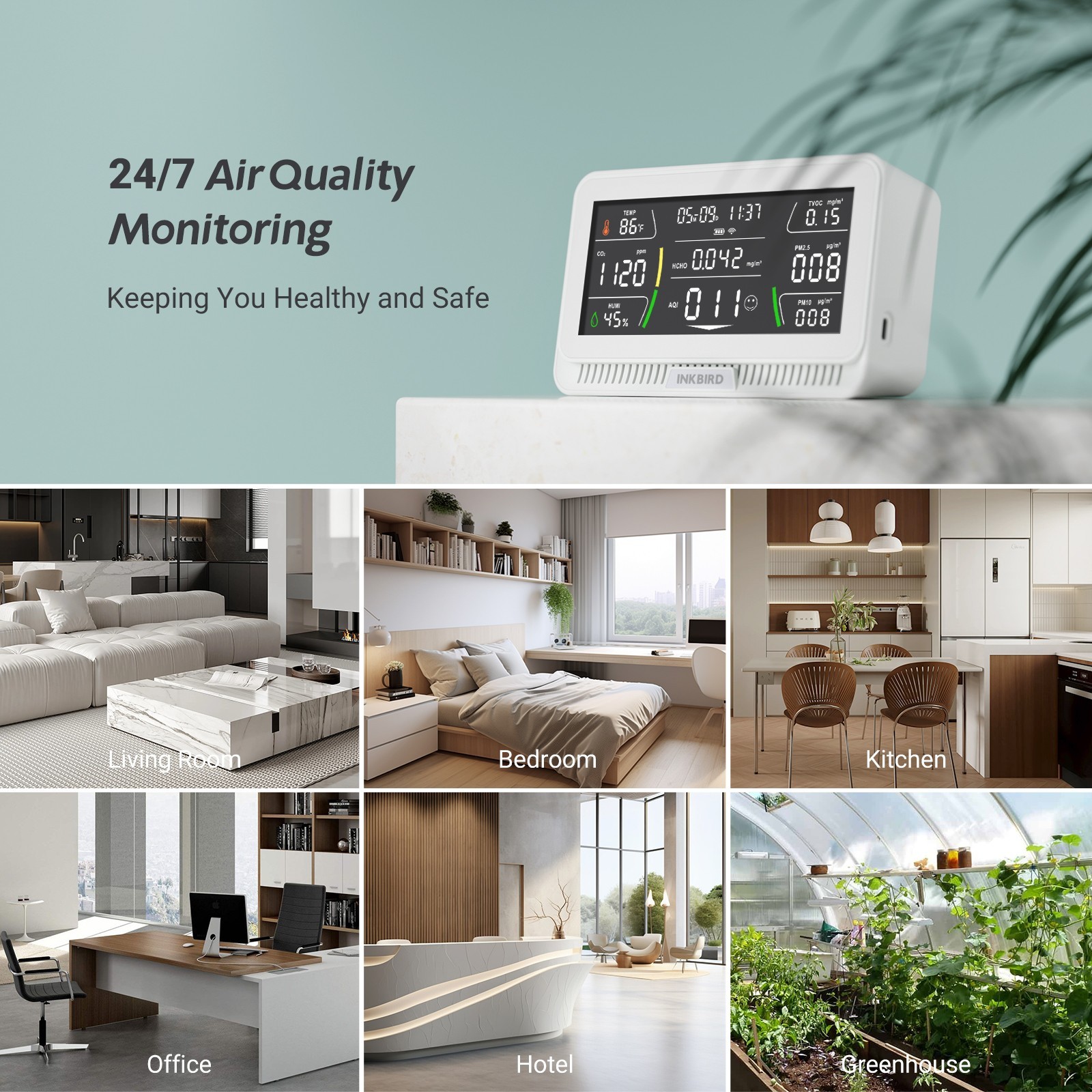 INKBIRD Co2 Monitor Air Quality Detector 10-IN-1 Real-time Monitoring HCHO AQI