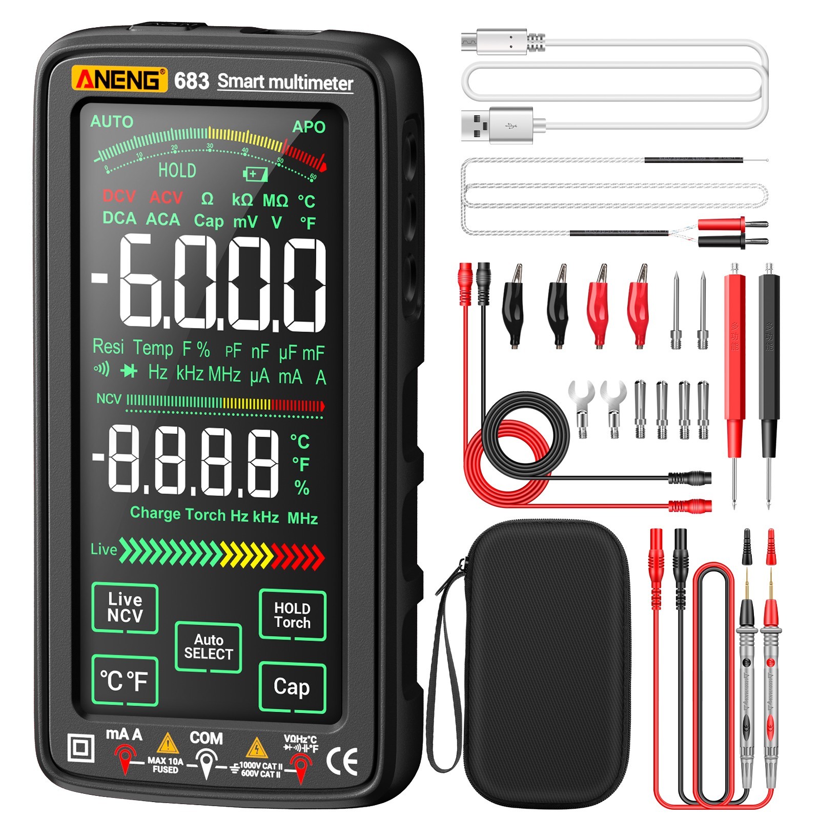 ANENG 683 Digital Multimeter True RMS 6000 Counts Touch Screen Rechargeable US