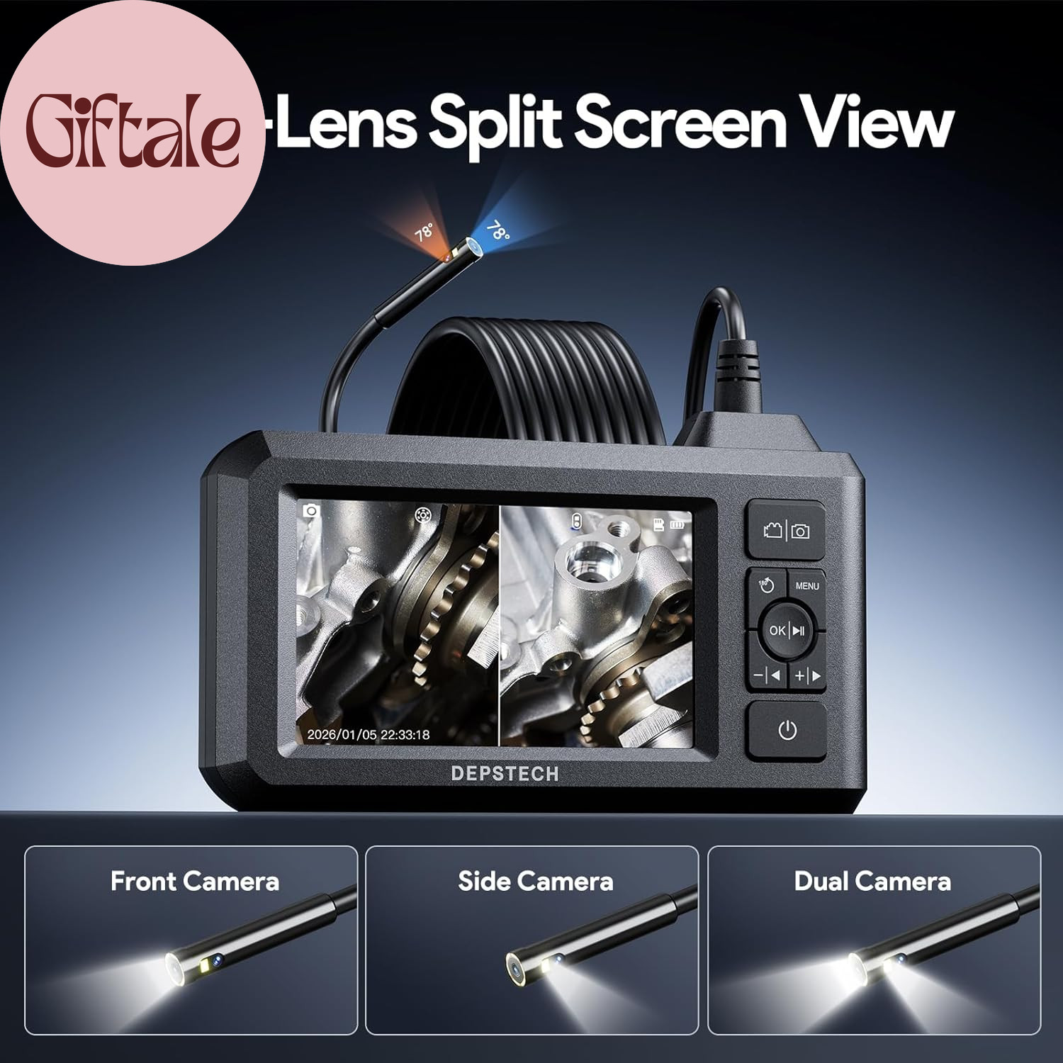 Dual Lens Industrial Endoscope, 1080P Digital Borescope Inspection Camera, 7.9Mm