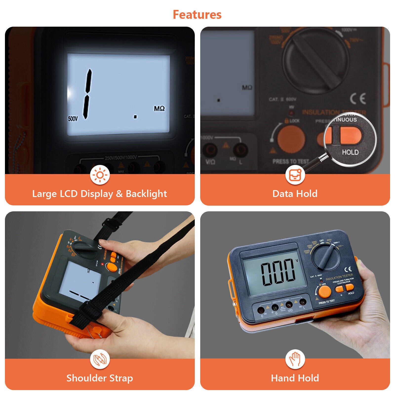 Digital Insulation Tester 250V/500V/1000V DC Voltage/Resistance/Continuity Test