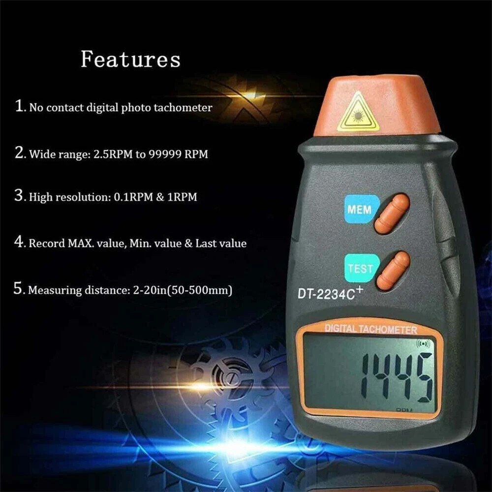 LCD Digital Tachometer Laser Photo Non Contact RPM Tach Meter Motor Speed Gauge