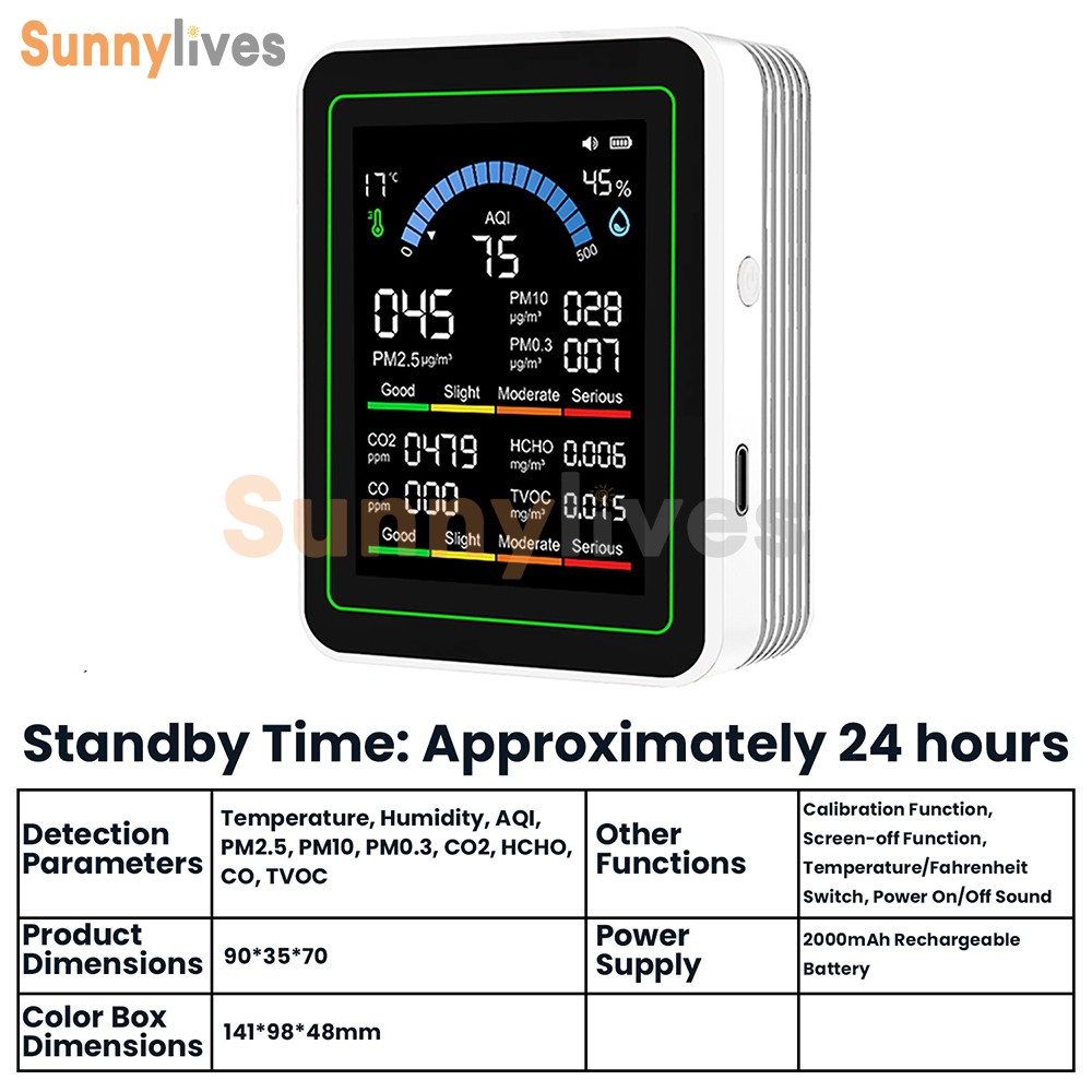 10 in 1 Air Quality Monitor PM 2.5 CO2 Meter TVOC HCHO Humidity Temperature Test
