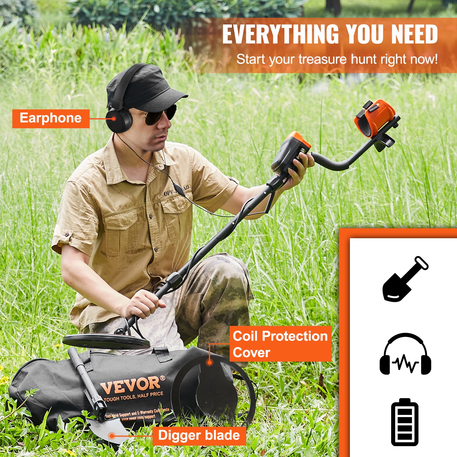 VEVOR Metal Detector for Adults Professional Gold Detector 10in IP68 Waterproof