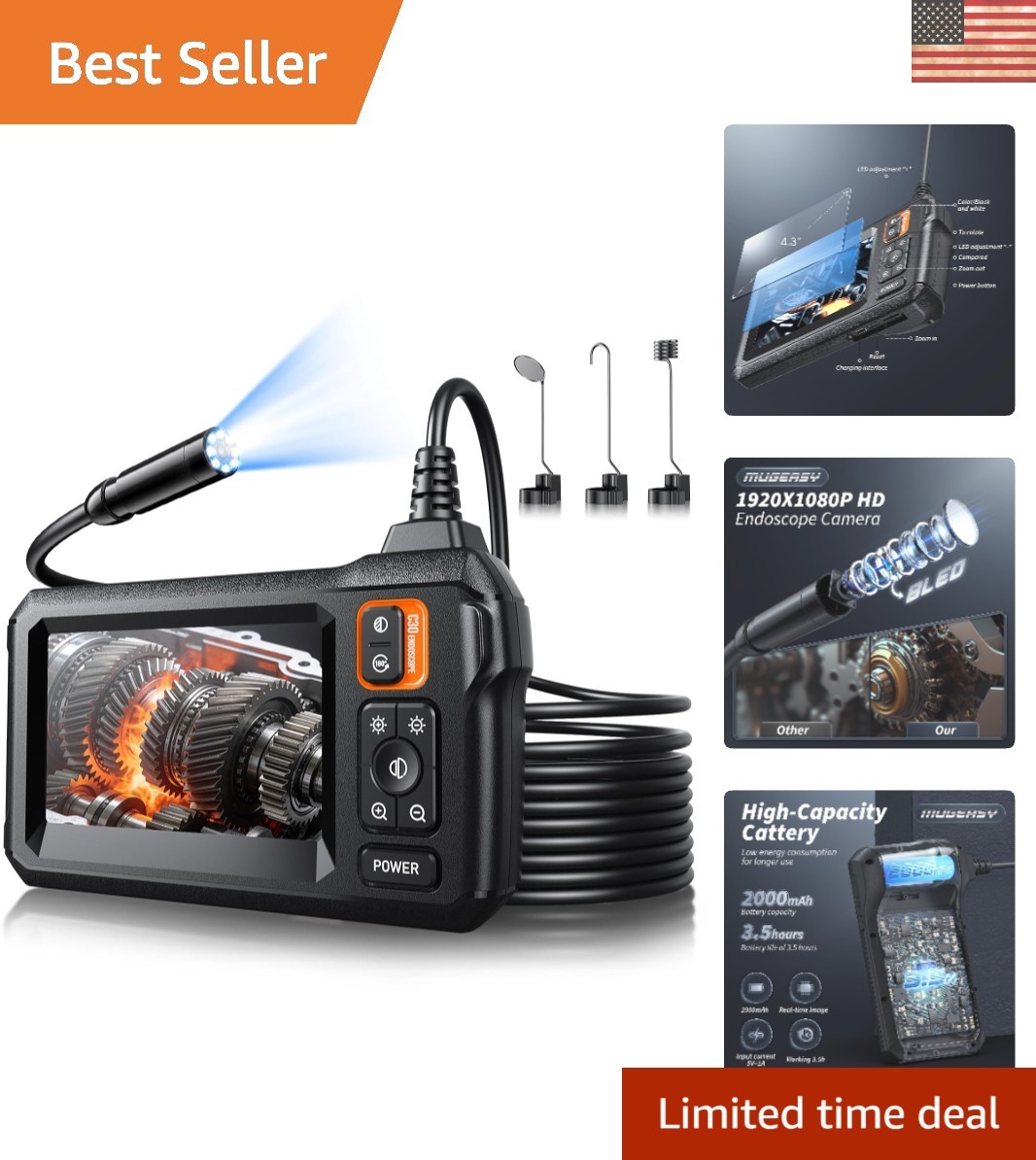8 LED Inspection Borescope with 4.3-Inch Display – Perfect for Pipes and More