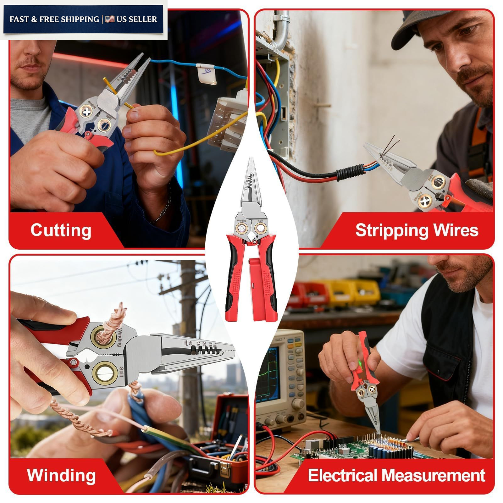 JEJIEFI Pro 8-in-1 Wire Stripping Pliers with Voltage Tester for Red