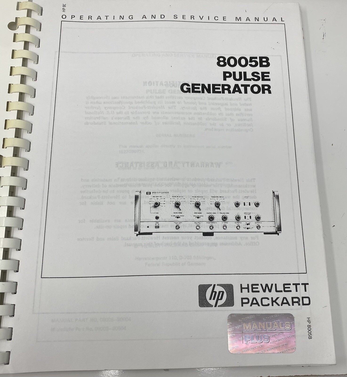 HP 8005B Pulse Generator Operating & Service Manual 08005-90003 Hewlett Packard