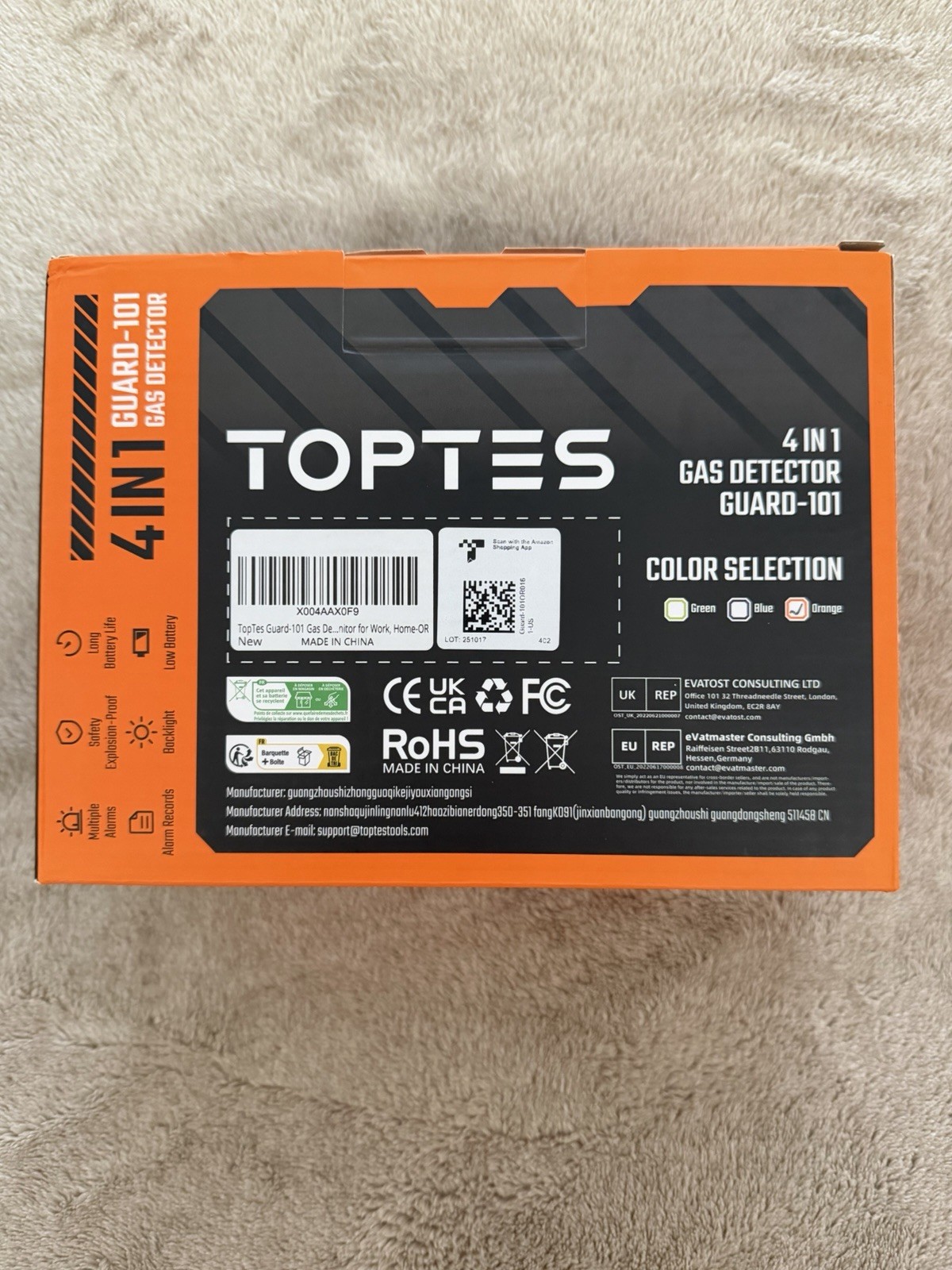 TopTes Guard-101 Gas Detector 4 Gas Monitor For HS2 CO LEL & O2 Orange NEW