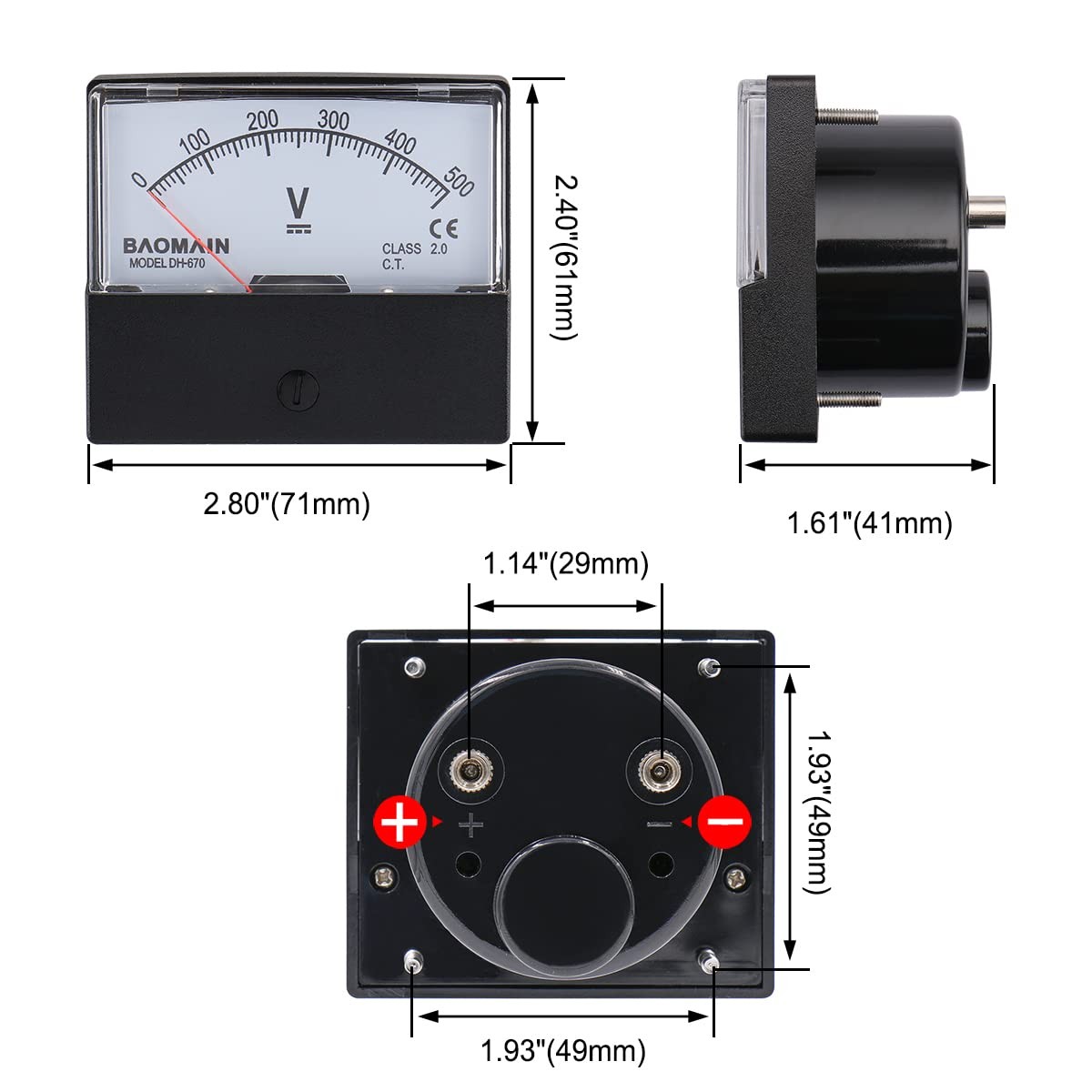 Voltmeter Dh670 Dc 0500v Rectangular Class 2.5 Analog Panel Volt Voltage Meter