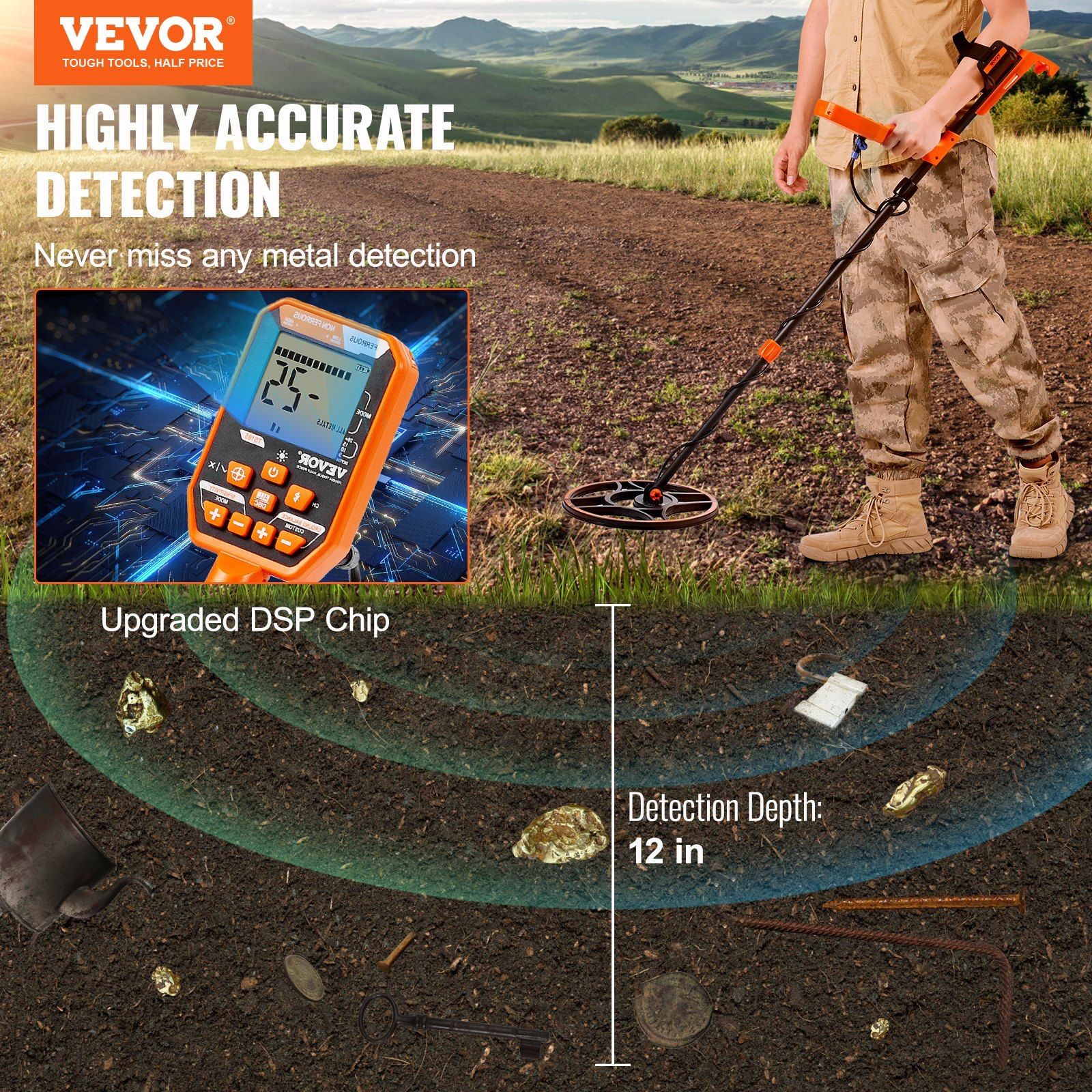 12in Waterproof Gold Detector, 39-50in Adjustable Handle, 7 Modes, LCD Backlit
