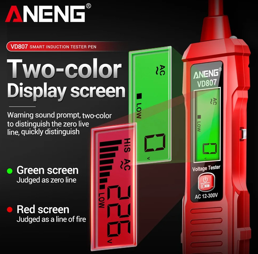 1pc ANENG VD807 Non-Contact Smart Electric Pen Tester AC 12–300V NCV Detector
