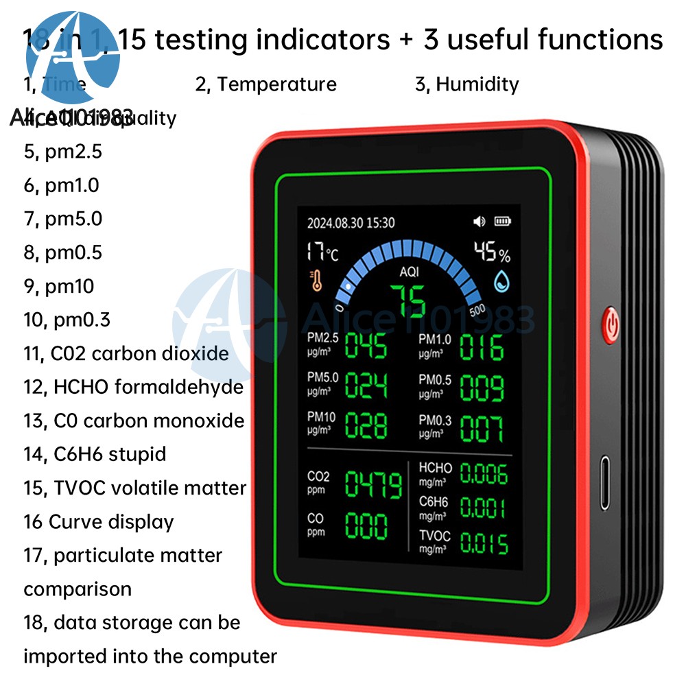 10in1 18in1 Air Quality Detector PM2.5 10 PM HCHO TVOC CO2 Formaldehyde Monitor