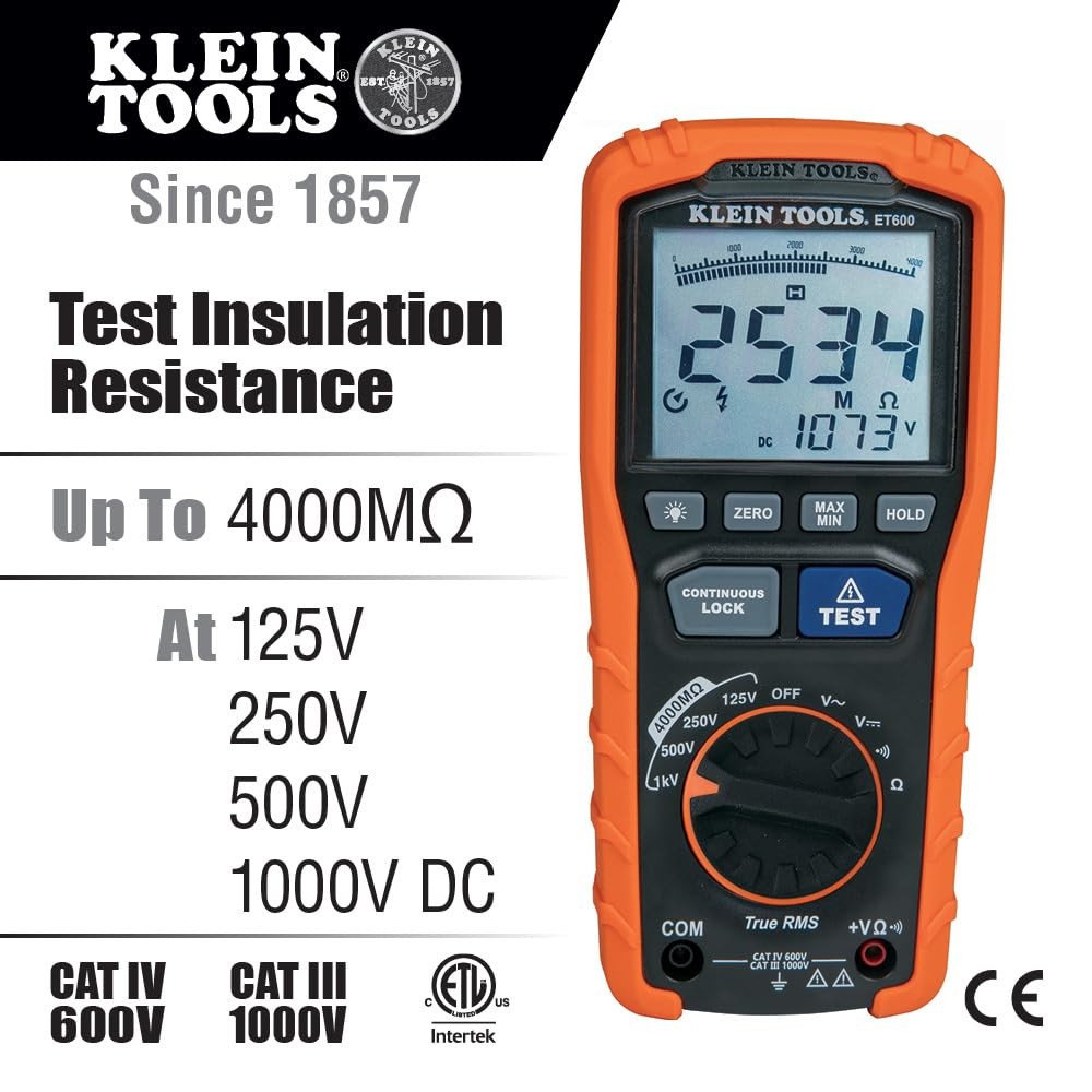 Klein Tools ET600 Multimeter, Megohmmeter 90 cubic inches, Orange/Black