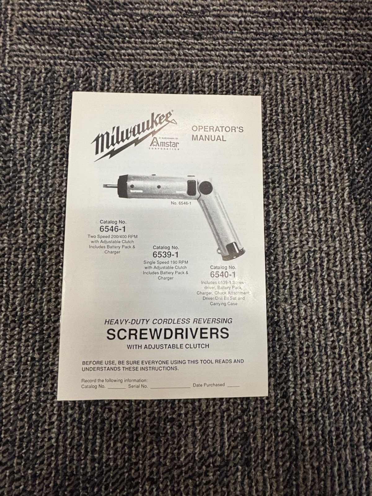 Vintage Milwaukee 6546-1 Heavy Duty Cordless Screwdrivers Operating Manual USA