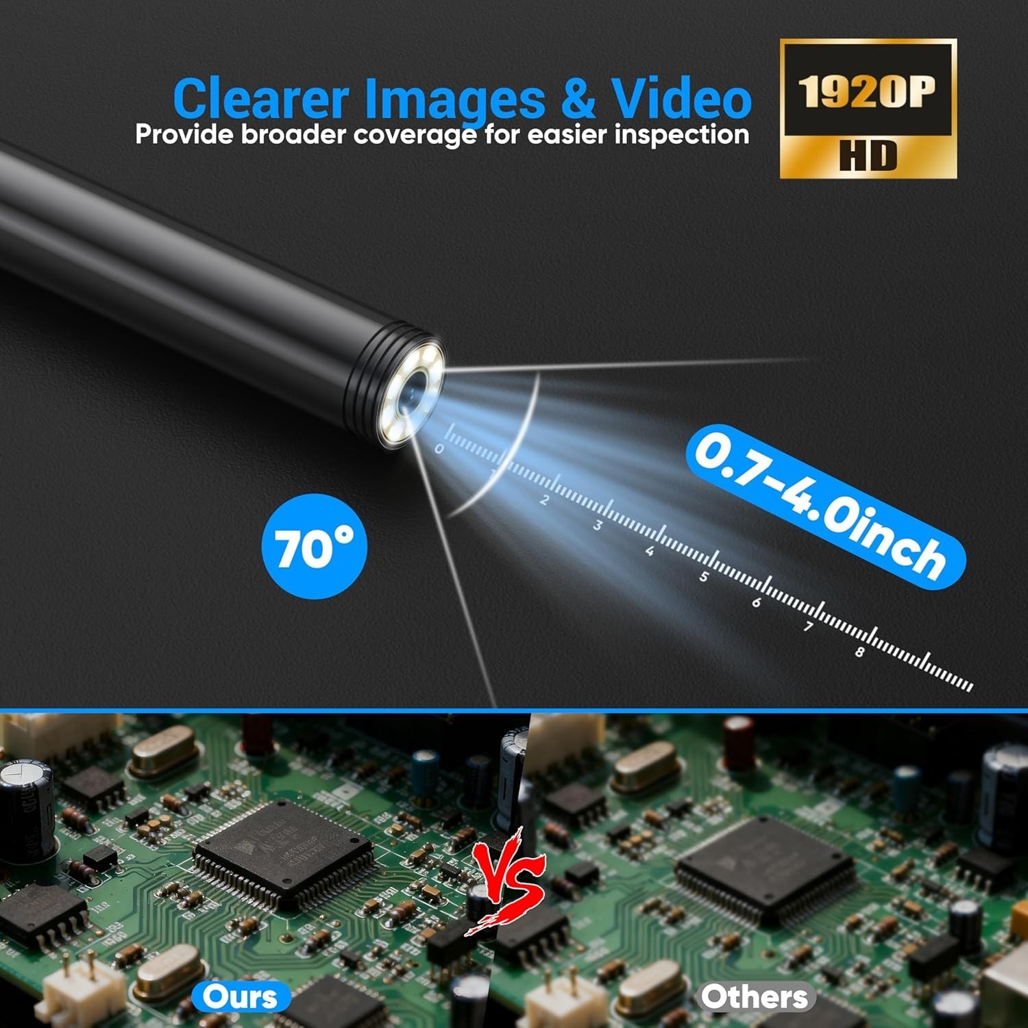 Endoscope Camera, 1920P HD, 16.4ft Semi-Rigid Cable, 8 LED, IP67 Waterproof