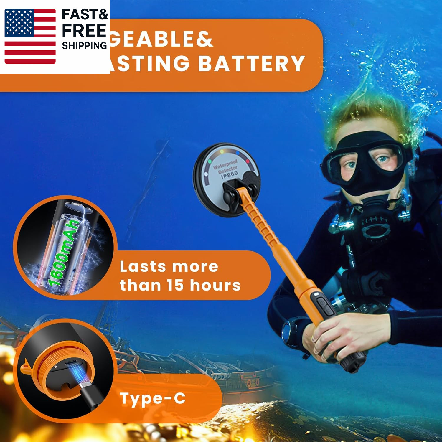 Professional Underwater Metal Detector with IP68 Waterproof Rating, 1600Mah Rech