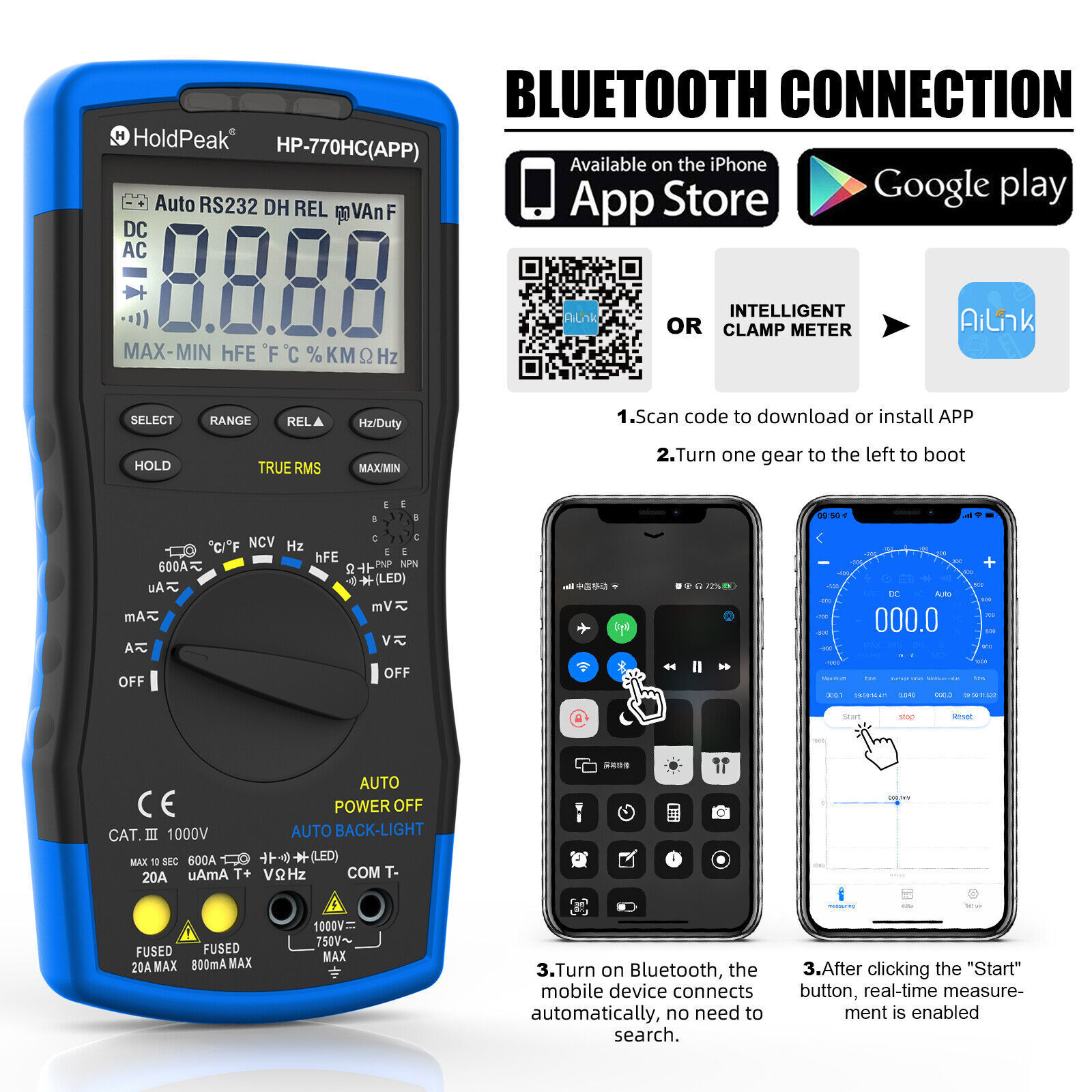 Voltmeter TRMS 6000 Count AC/DC NCV 1000V 20A Bluetooth Test Digital Multimeter