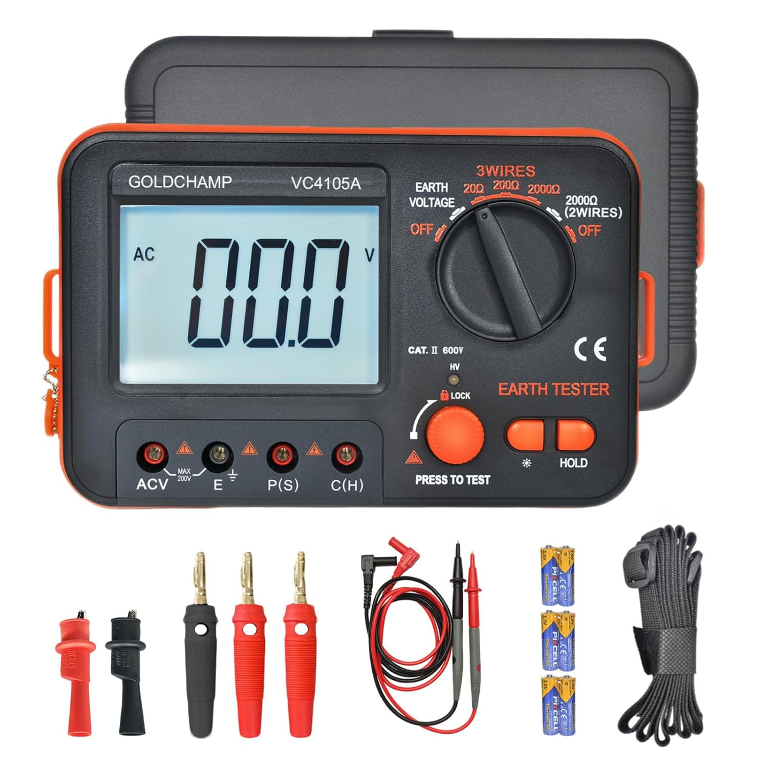 Professional Ground Earth Resistance Tester, 20/200/2000Ω Digital Meter with AC
