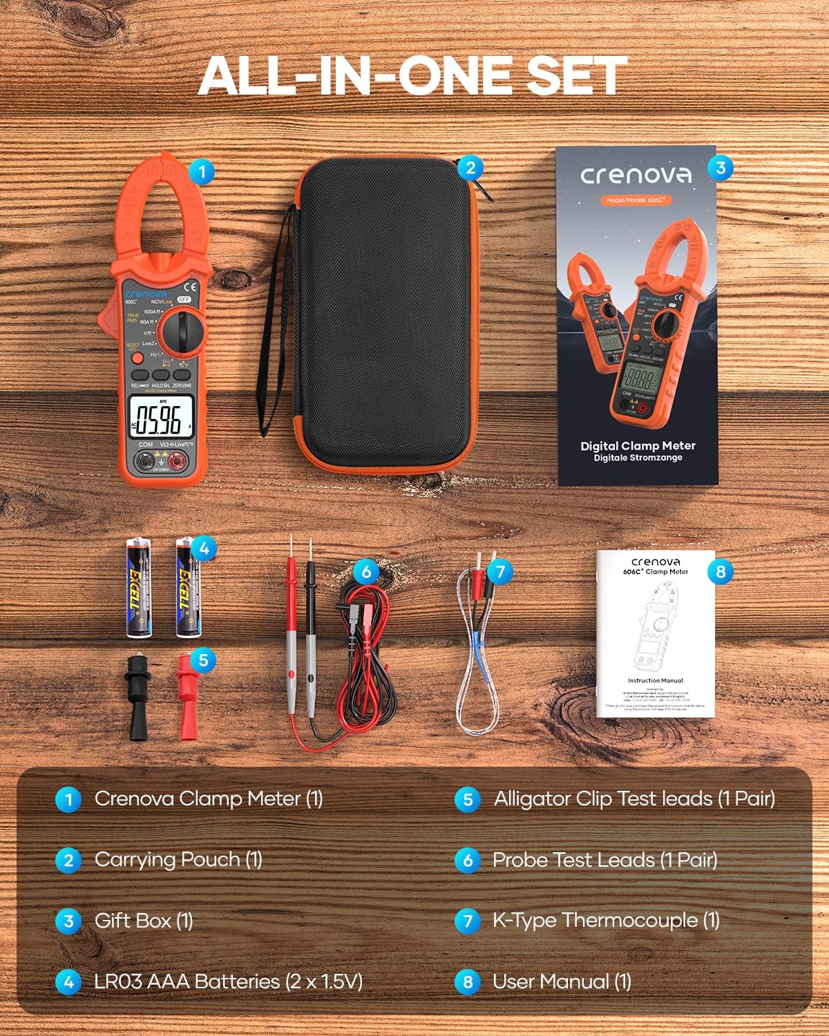 Crenova Clamp Meter Multimeter 600A AC/DC 6000Counts TRMS Electrical Orange