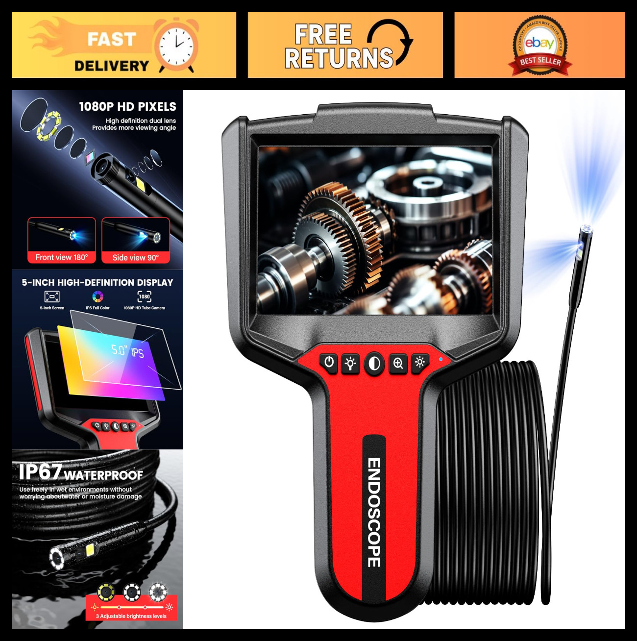 1080P HD Dual-Lens Endoscope Camera with Light – 16.4ft Waterproof Borescope for