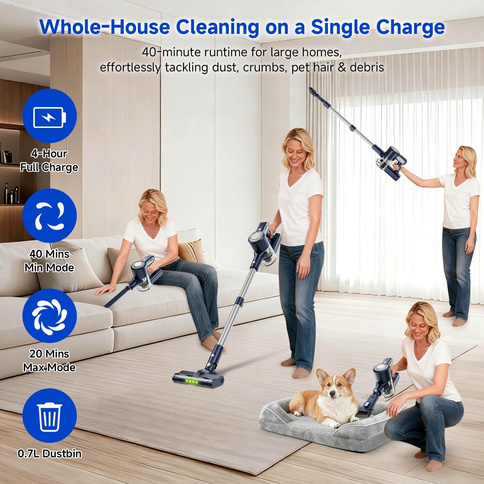 Cordless Vacuum Cleaner: Powerful Suction Stick Vacuum, Anti-Tangle Brush | P…