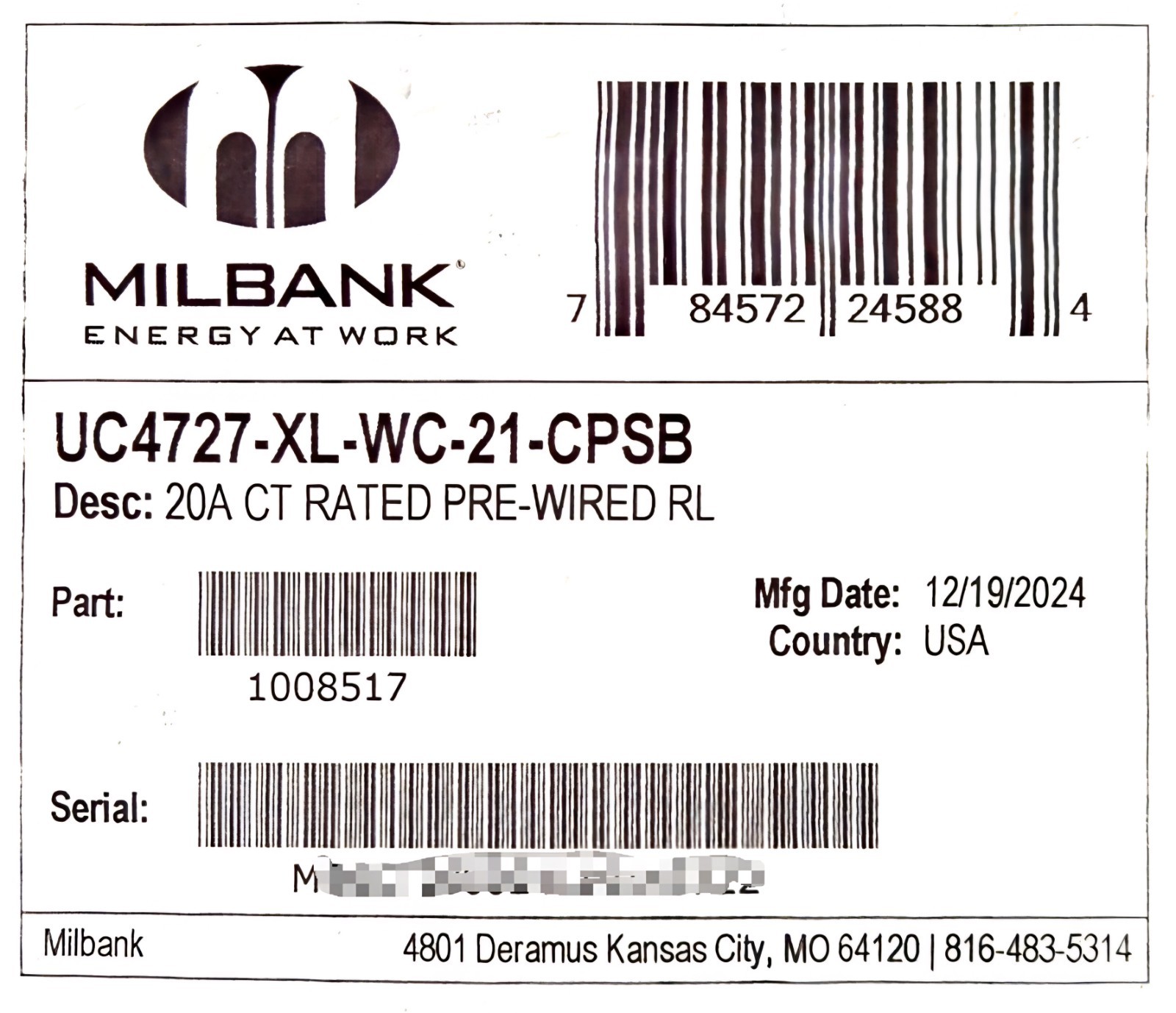 Milbank UC4727-XL-WC-21-CPSB 20A CT Rated Pre-Wired Ringless Meter Socket New