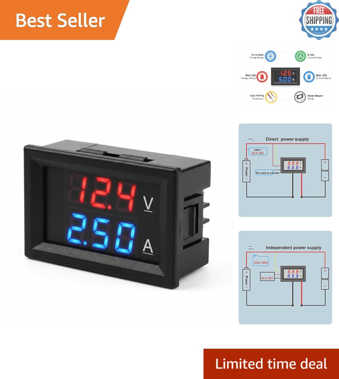 Efficient Dual-Color LED Digital Voltmeter – Mountable 0-100V 10A for Car & Boat