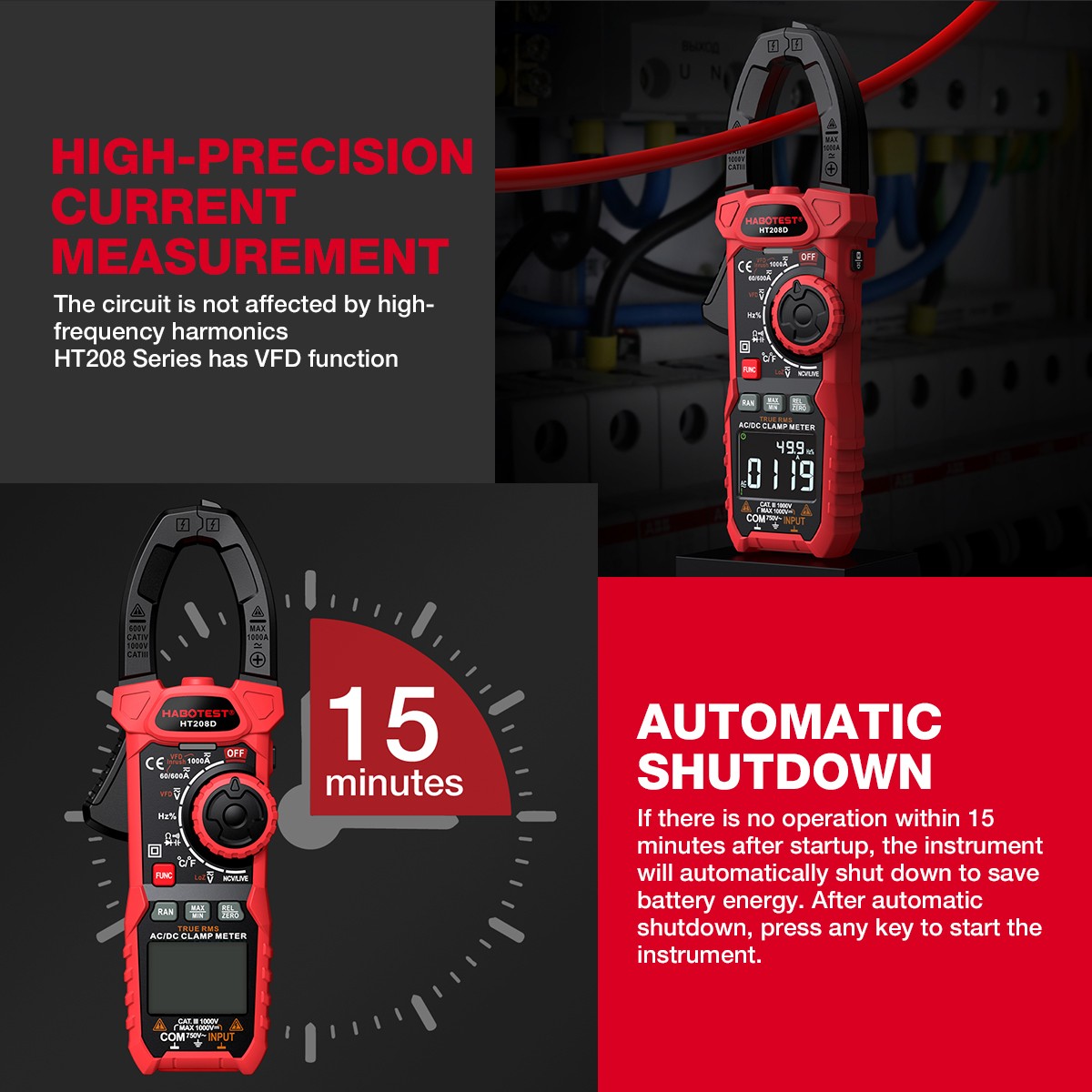 HABOTEST HT208D Digital Clamp Multimeter Volt Am Ohm Tester True RMS Battery