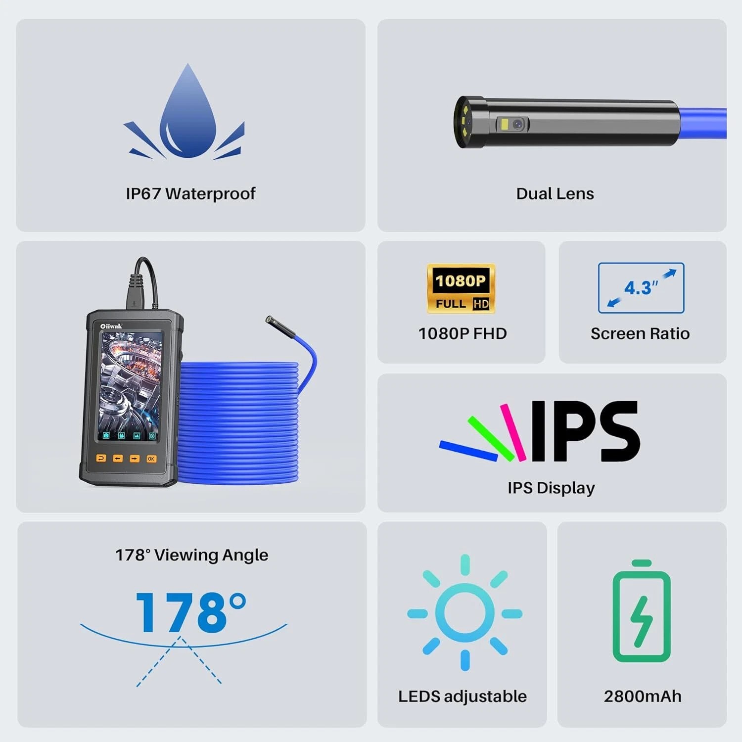 Oiiwak Endoscope – 8mm borescope camera, 4.3″ 1080p Screen, 1080P HD Video