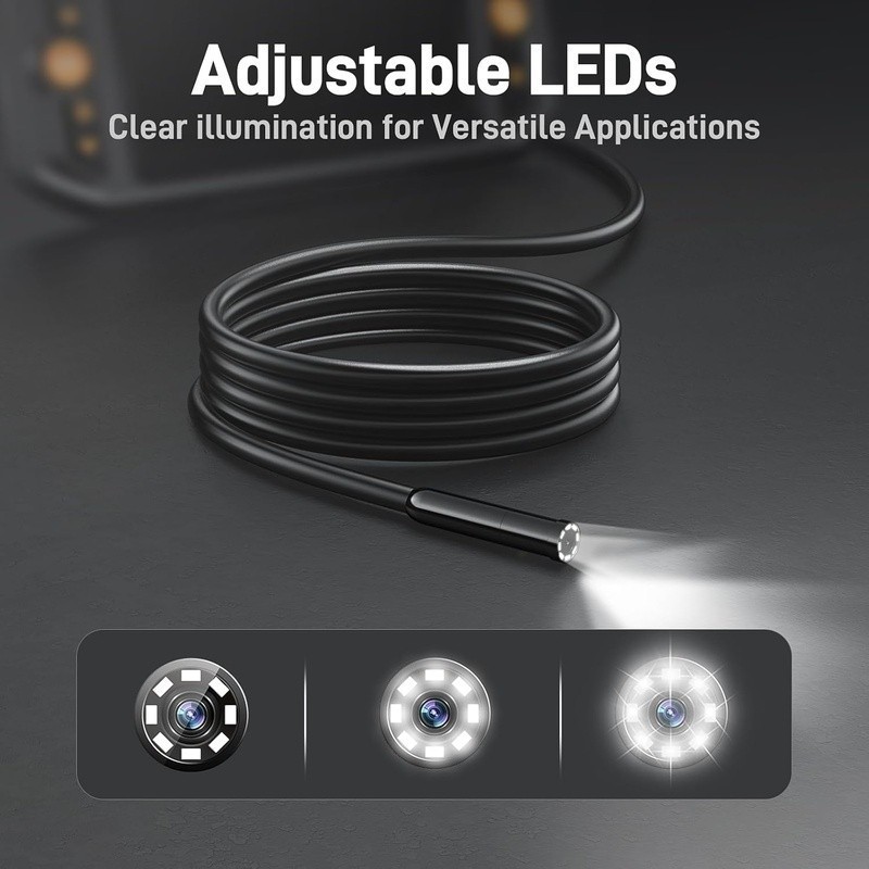 Borescope Inspection Camera 8 LED Lights 4.3 Inch Screen 16.5ft Semi-Rigid Cable
