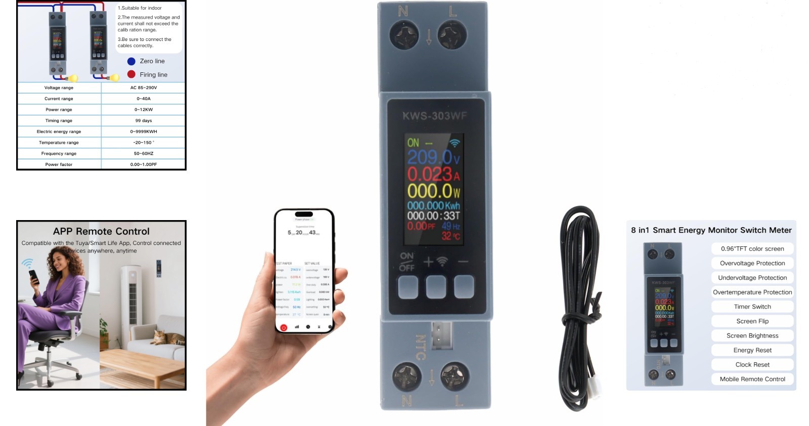 8-in-1 Digital Power Meter for Din Rail Smart Energy Monitor Voltage Current