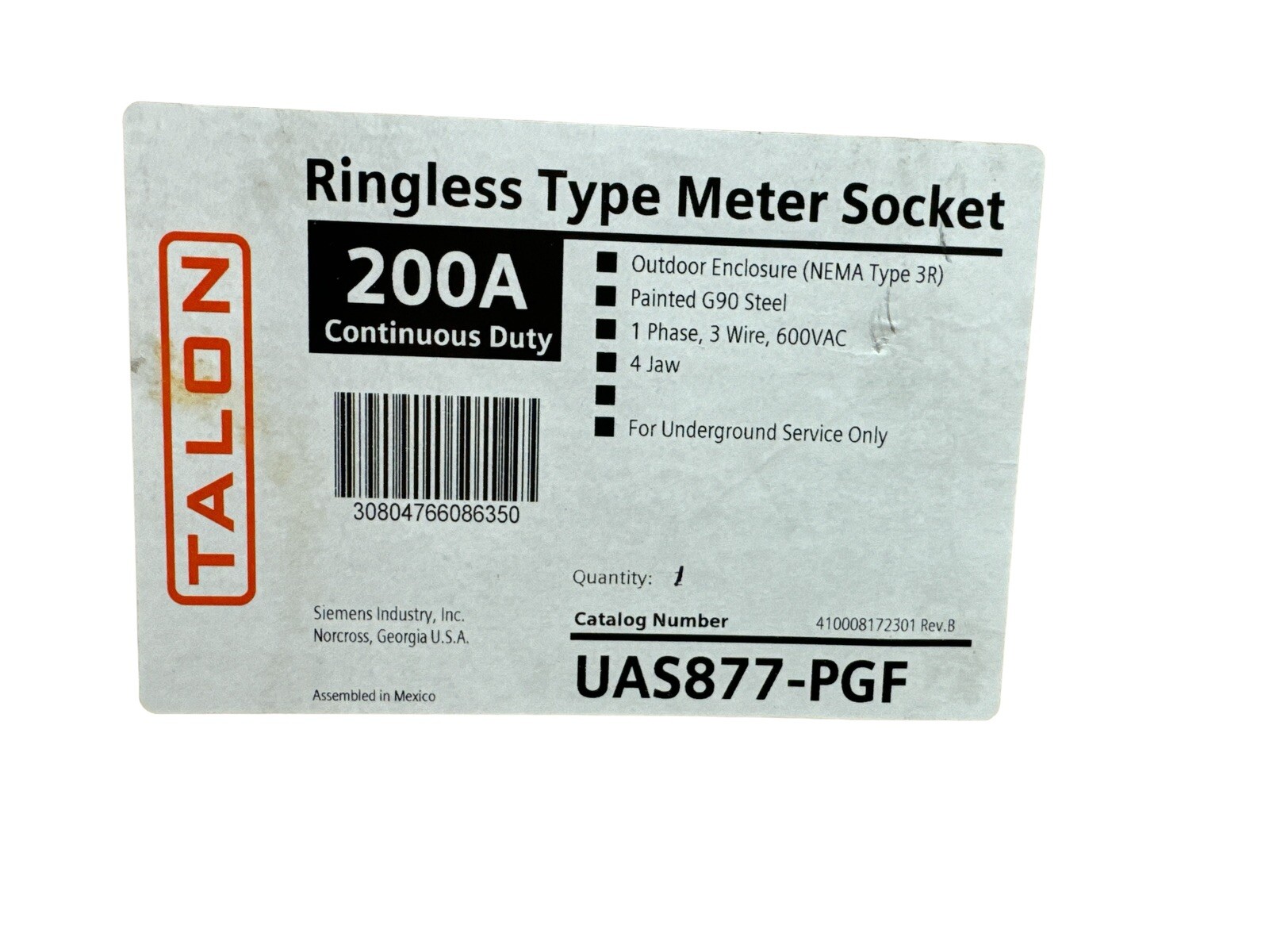 200A Ringless Type Meter Socket 4-Jaw 1Phase 3-Wire 600Vac Talon UAS877-PGF (OB)