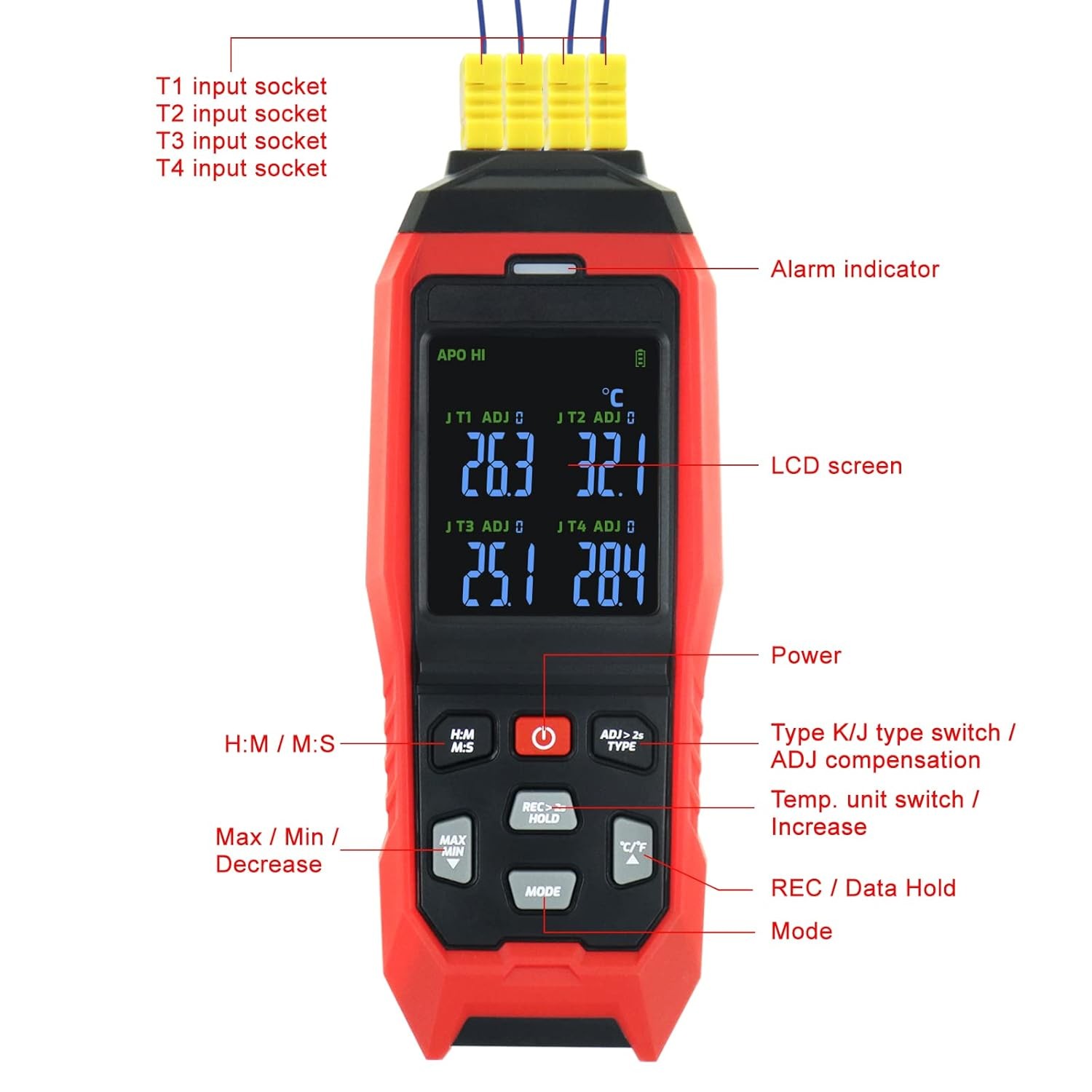 4-Channel K-Type Thermocouple Thermometer Data Logger, -328~2501°F