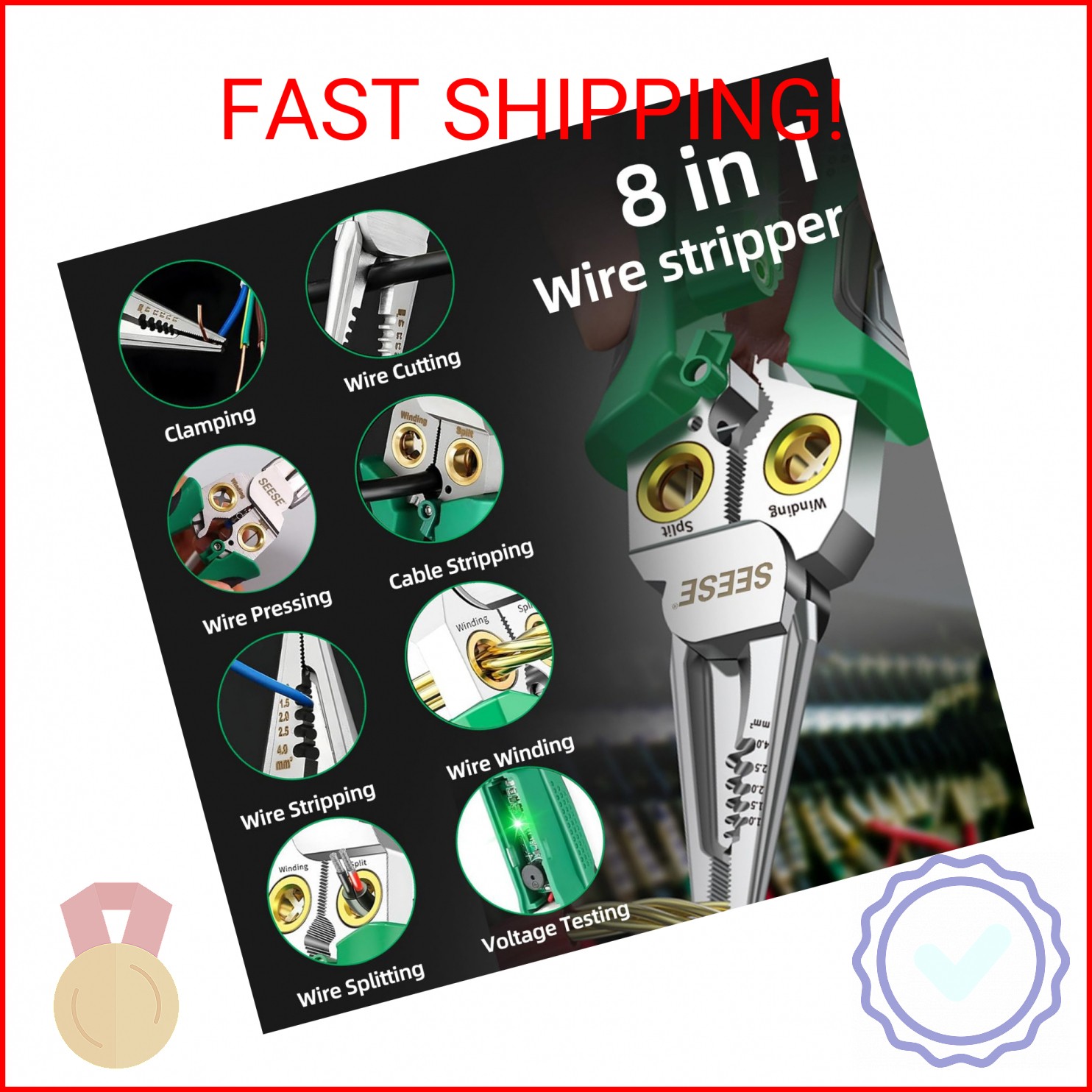 SEESE 8-in-1 Wire Stripper Pliers: Compact Portable Multi-Function Electrician T