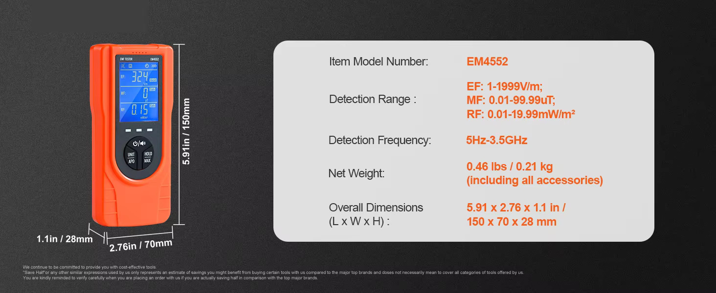 3-in-1 EMF Meter 5Hz-3.5GHz Rechargeable LCD EMF Radiation Tester Handheld Scans