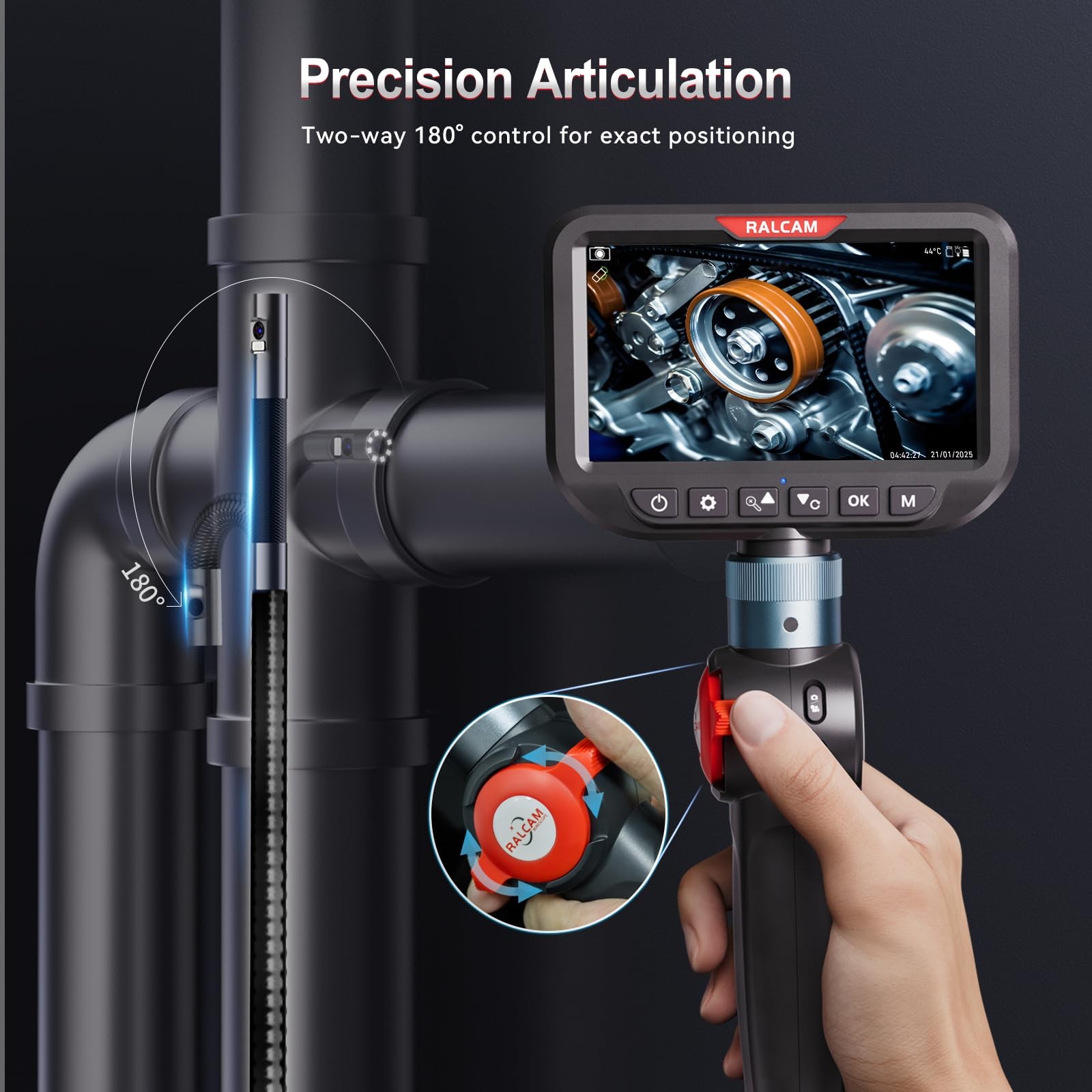 RALCAM Dual Lens Articulating Borescope, 10FT Semi-Rigid Inspection Camera wi…